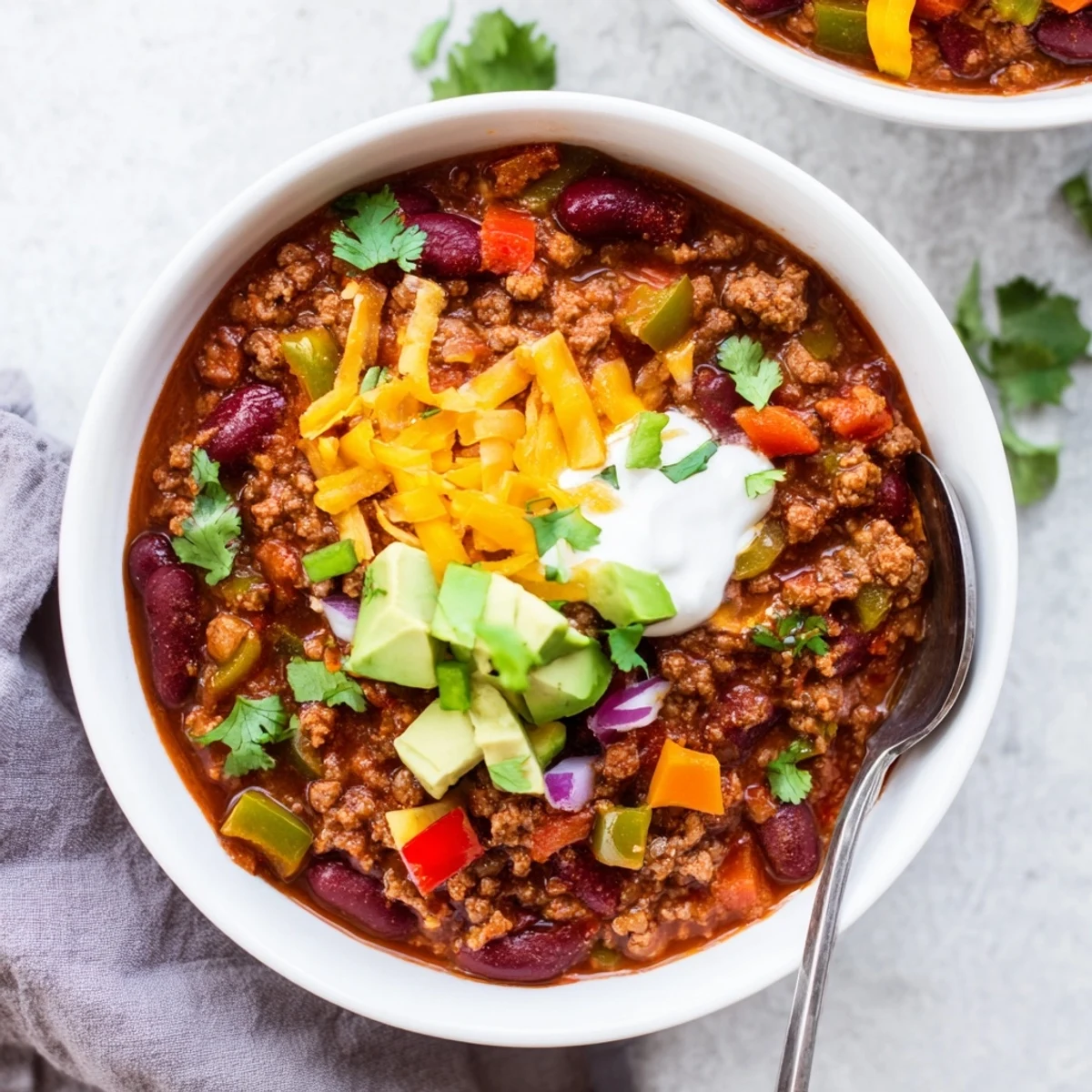 Steaming bowl of hearty Chili con Carne topped with cheddar, sour cream, and fresh cilantro.