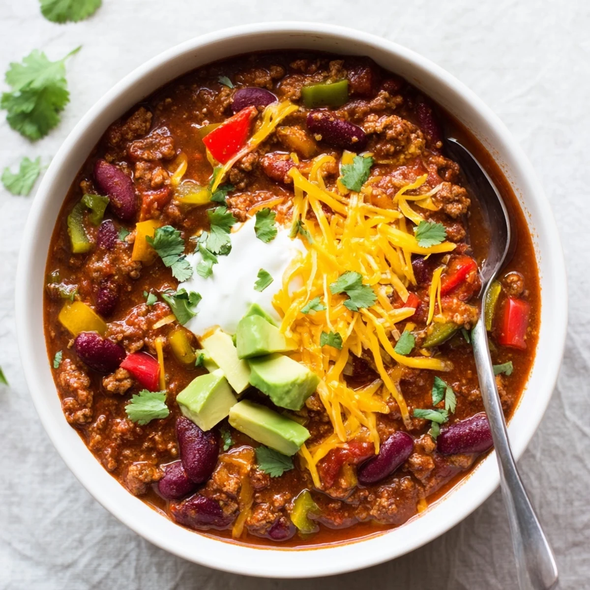 A rustic cast-iron pot of Chili con Carne with kidney beans and colorful bell peppers.