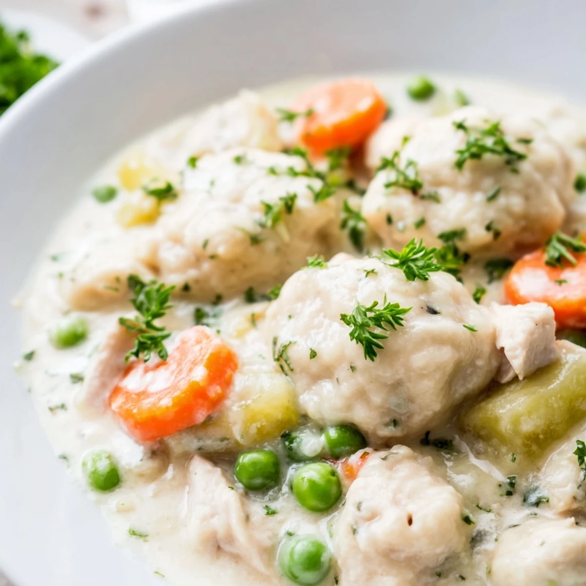 Homemade Chicken and Dumplings in a white bowl, revealing tender chicken chunks and fluffy dumplings in a creamy herb broth.