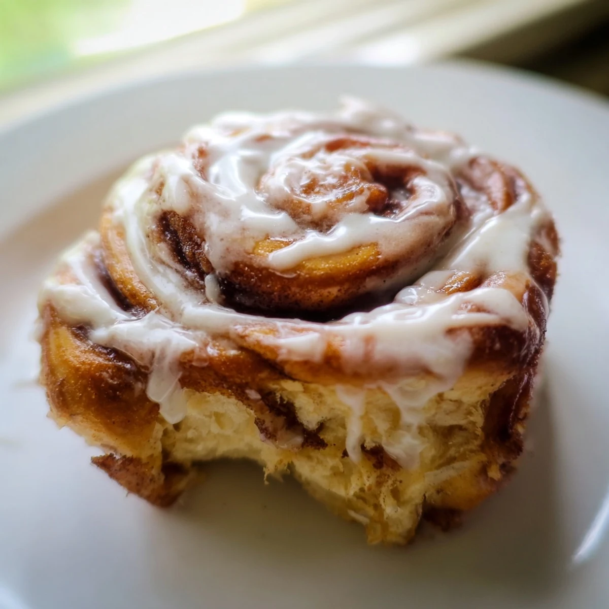 Freshly baked Cinnamon Rolls with soft, fluffy spirals, warm cinnamon filling, and glistening vanilla glaze on a plate.