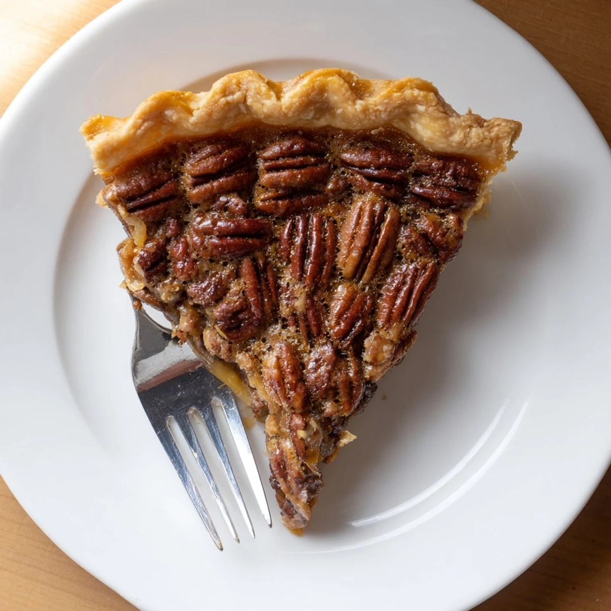 A slice of homemade Pecan Pie is served on a white plate, ready to be enjoyed with a dollop of whipped cream.
