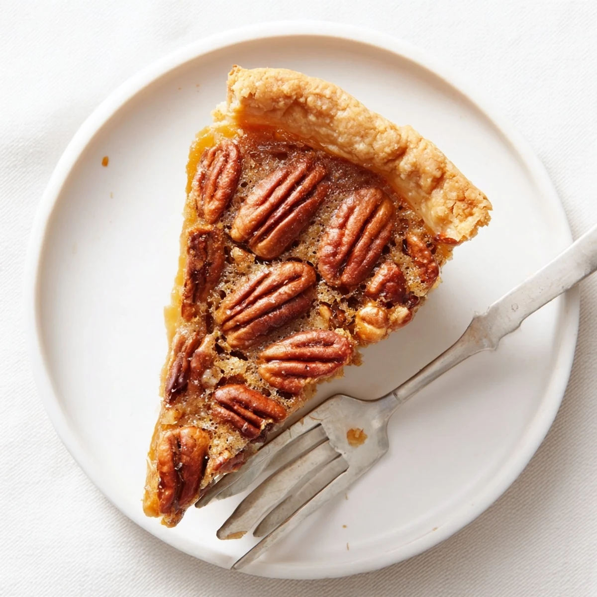 Close-up view of a classic Southern Pecan Pie, highlighting the rich, gooey brown sugar filling and whole pecan halves.