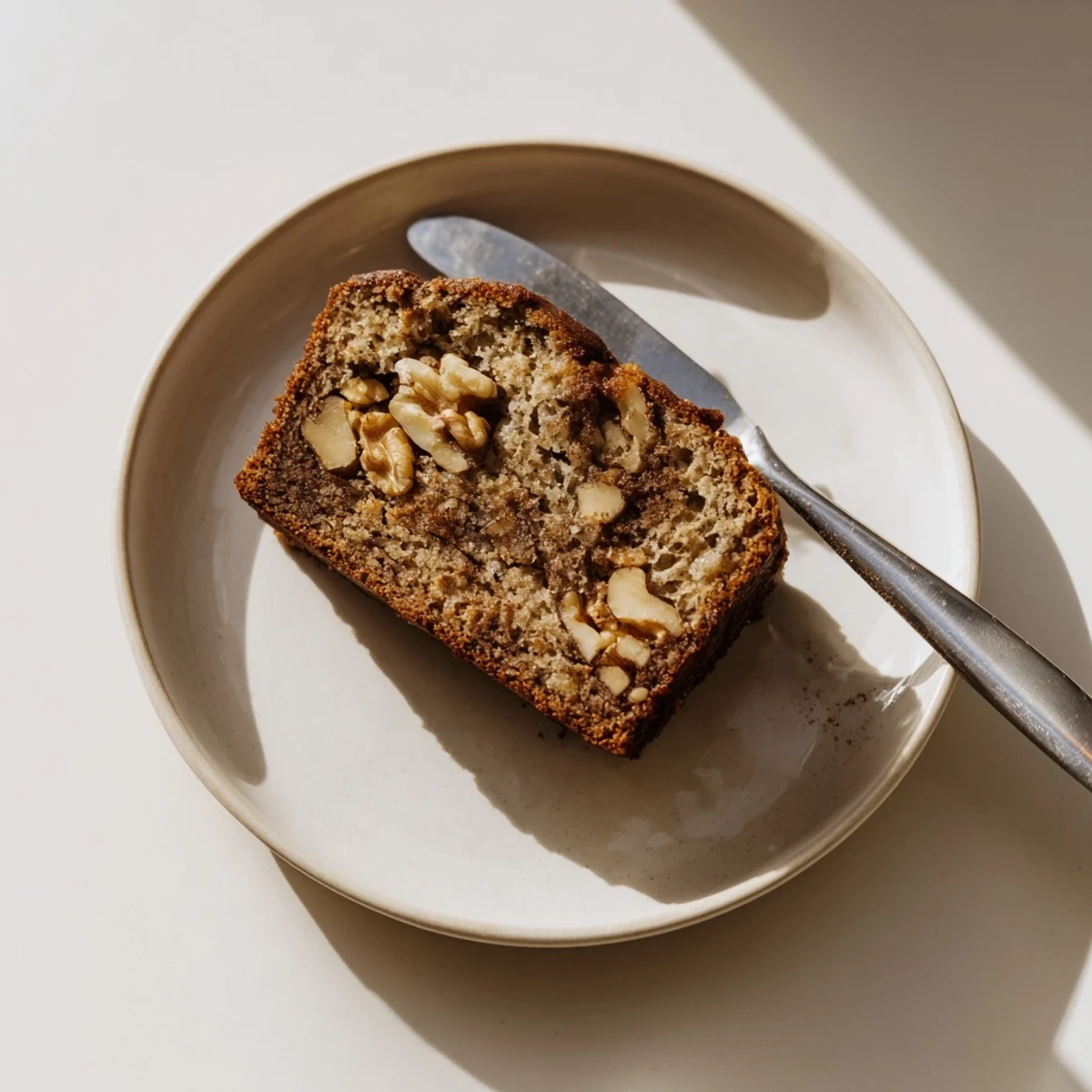 Golden-brown Banana Bread loaf with a moist crumb, dusted with powdered sugar and sliced to reveal tender interior.
