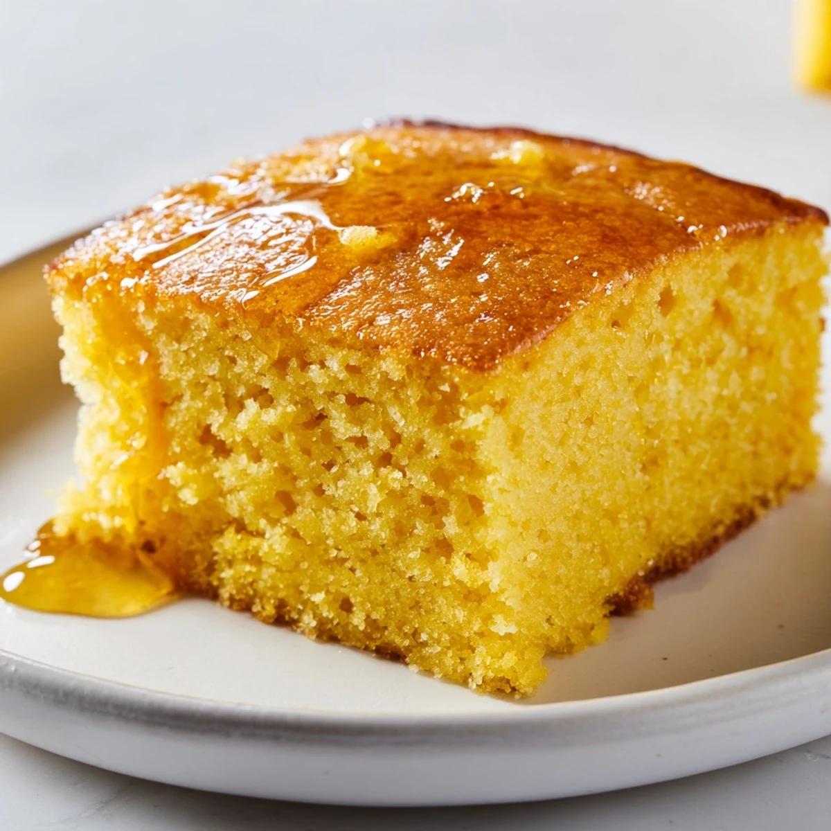 Homemade Cornbread squares stacked on a wooden board, showcasing the signature yellow cornmeal texture and a hint of sweet honey flavor.