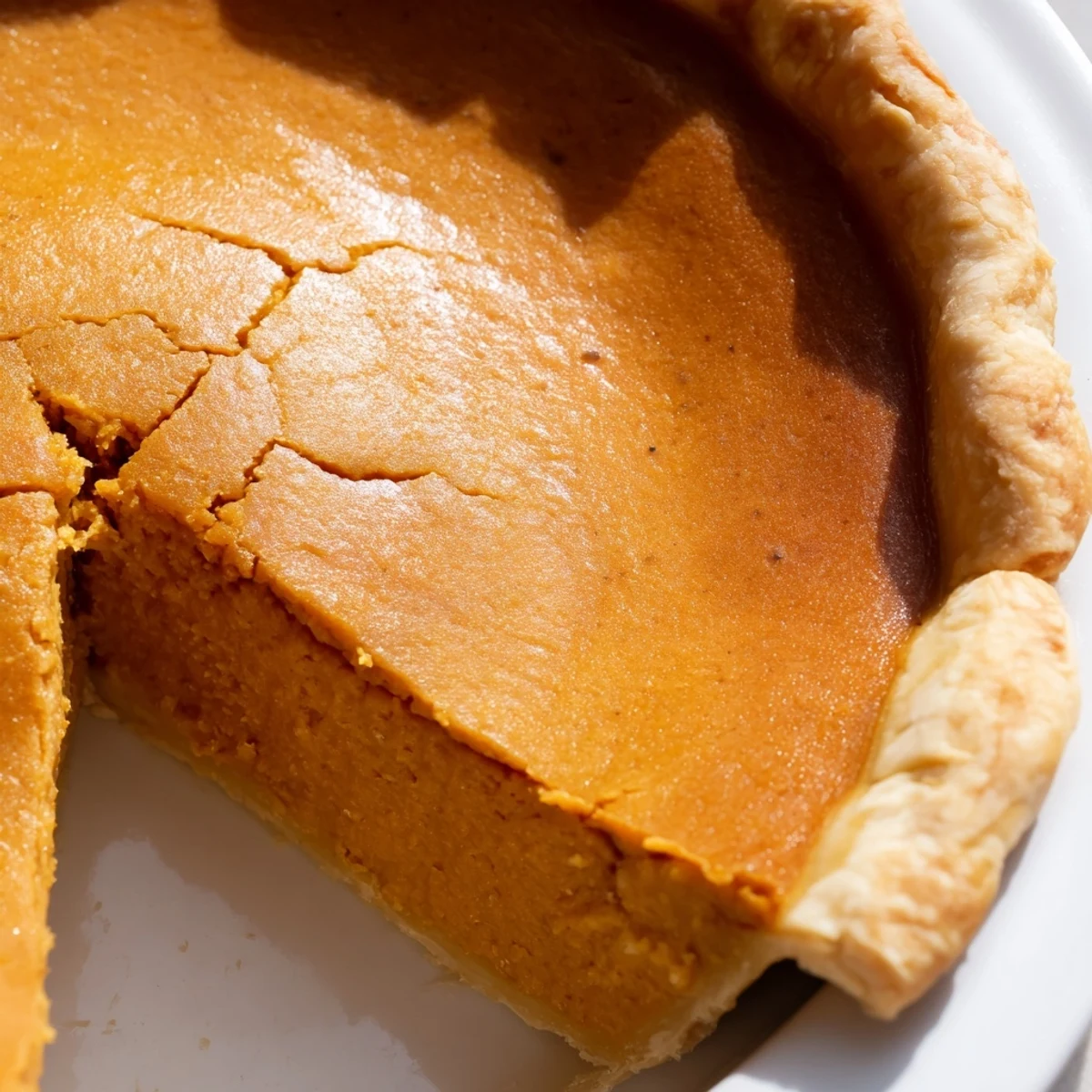 Freshly baked Pumpkin Pie with a golden, flaky crust and a rich, spiced custard filling, served on a rustic wooden table.