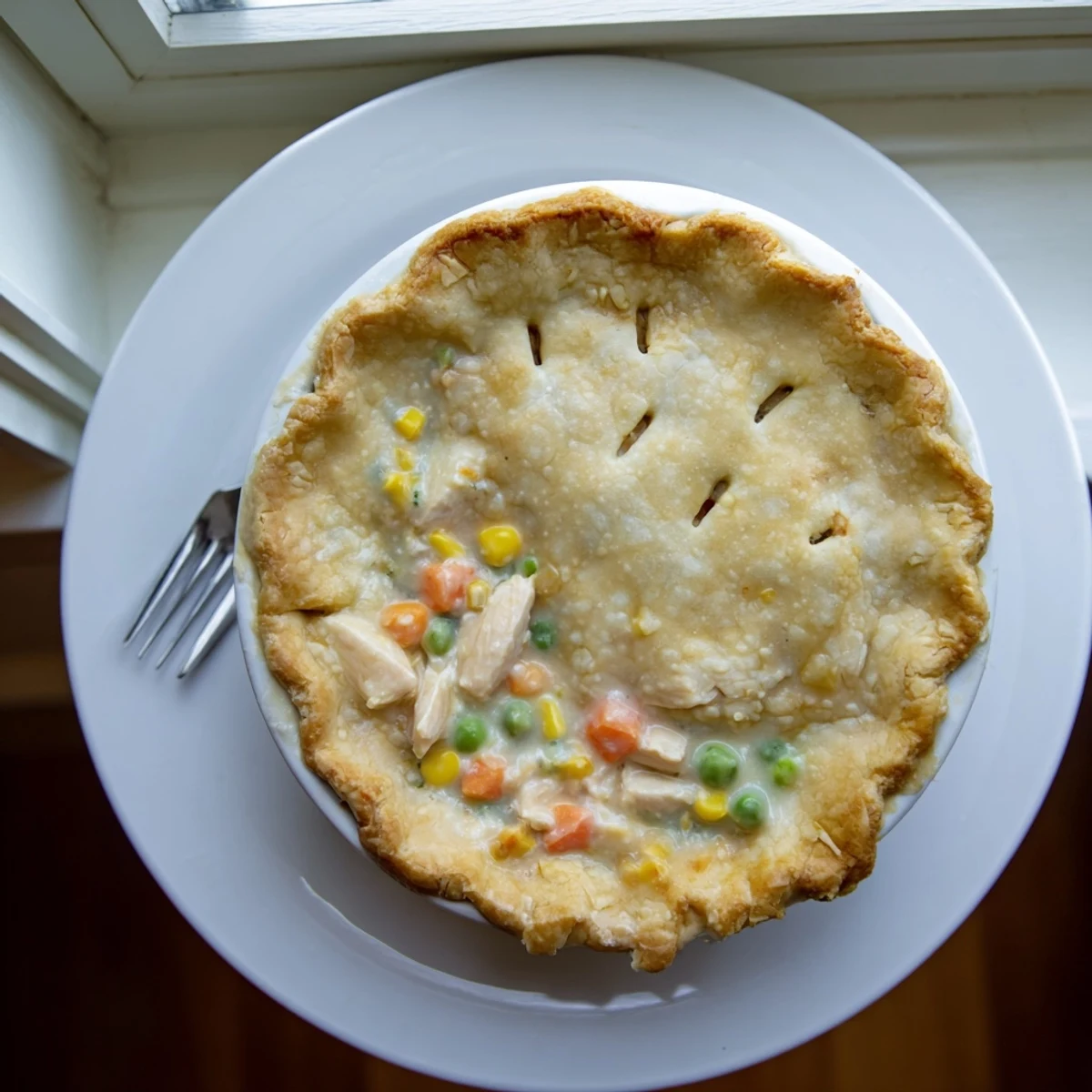 Spoon lifting a hearty portion of Chicken Pot Pie revealing tender veggies and savory gravy.