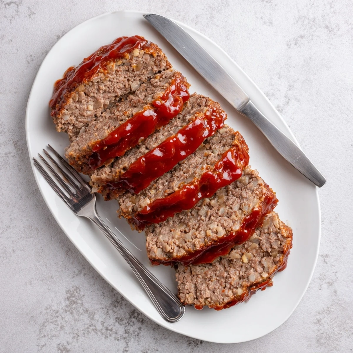 Golden-brown classic American meatloaf topped with sticky ketchup glaze, sliced thick and served alongside creamy mashed potatoes.