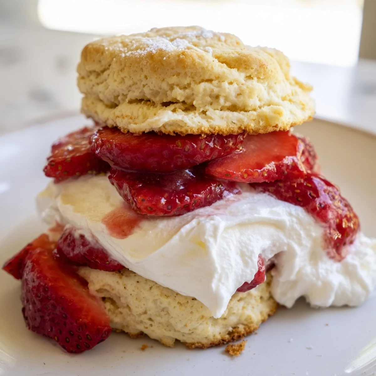 Freshly baked golden biscuits layered with sweet, juicy strawberries and dollops of whipped cream, showcasing a classic Strawberry Shortcake.
