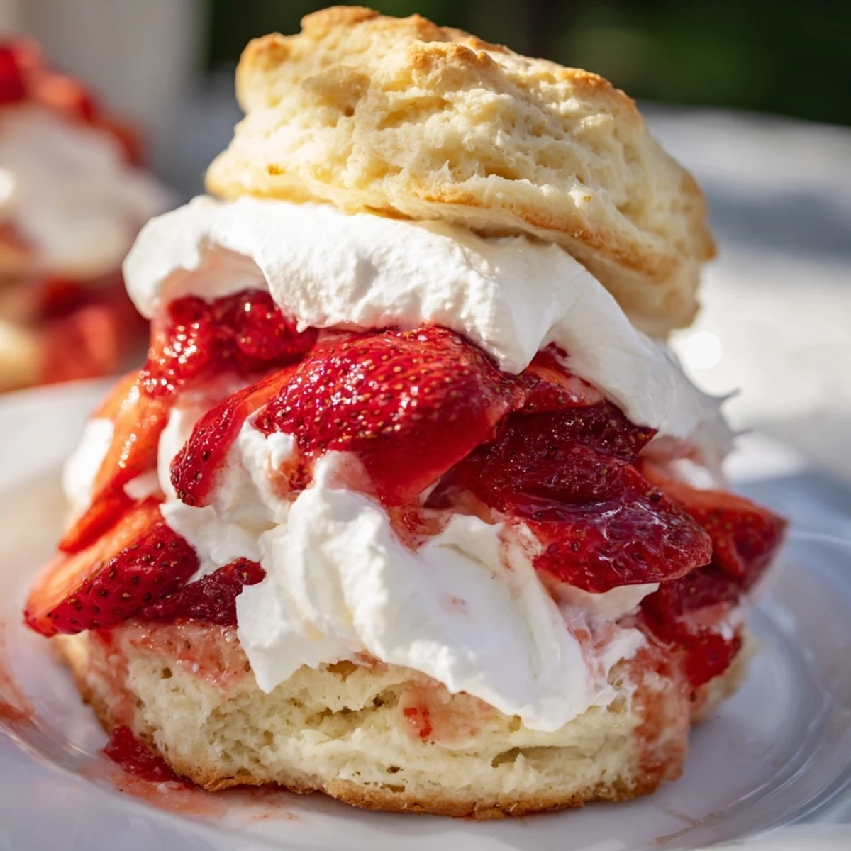 Homemade Strawberry Shortcake dessert featuring tender biscuits, macerated fresh strawberries, and fluffy cream on a rustic white plate.