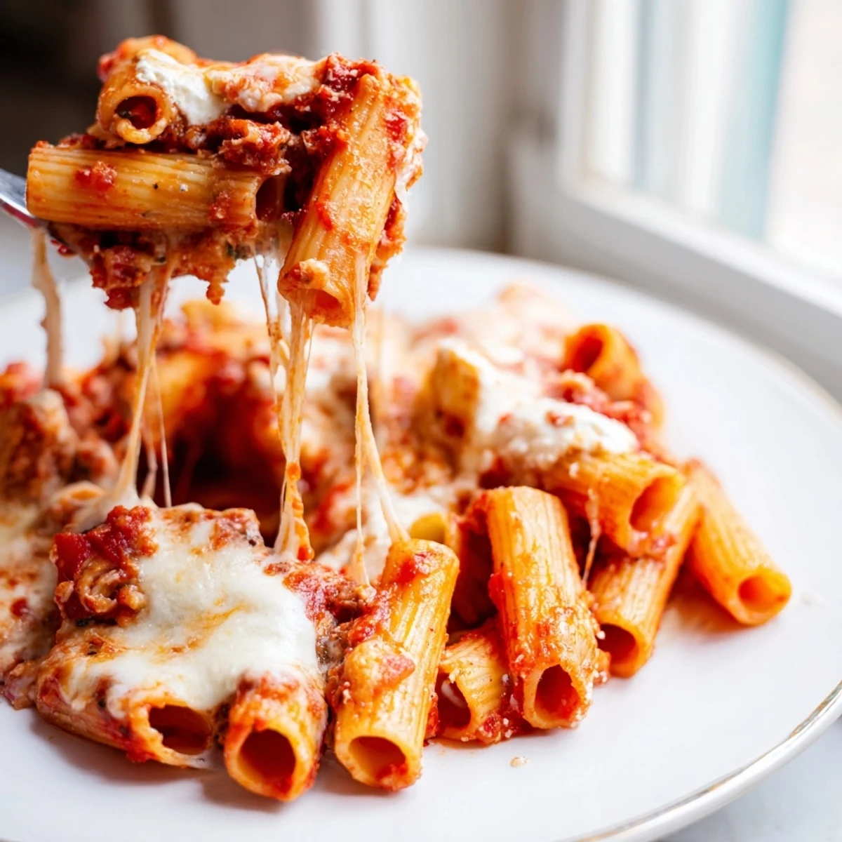 Freshly baked ziti casserole with golden, bubbly mozzarella and rich tomato sauce, ready to serve for dinner.