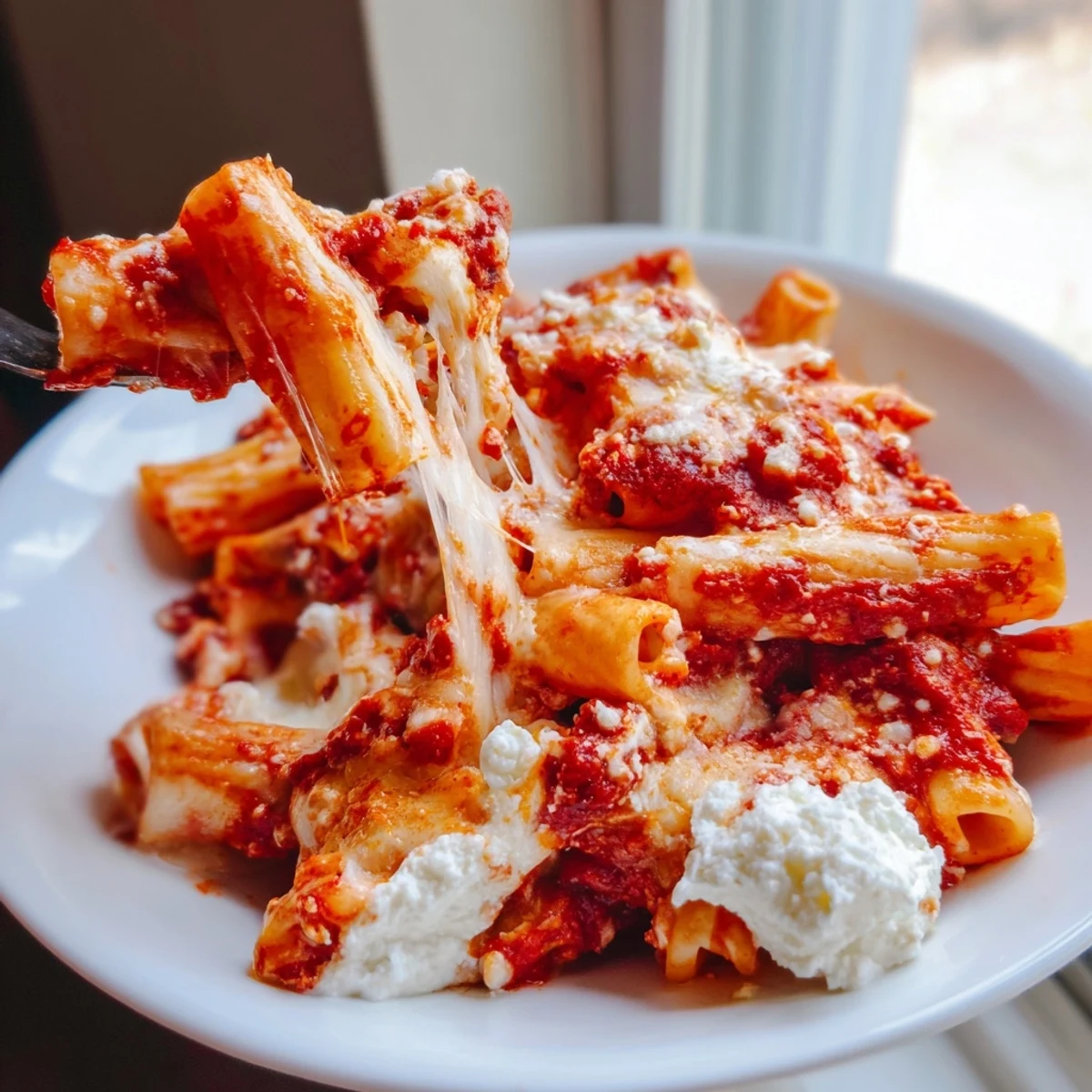 Layered baked ziti in a white dish, melted cheese, and fresh parsley garnish, paired with garlic bread.