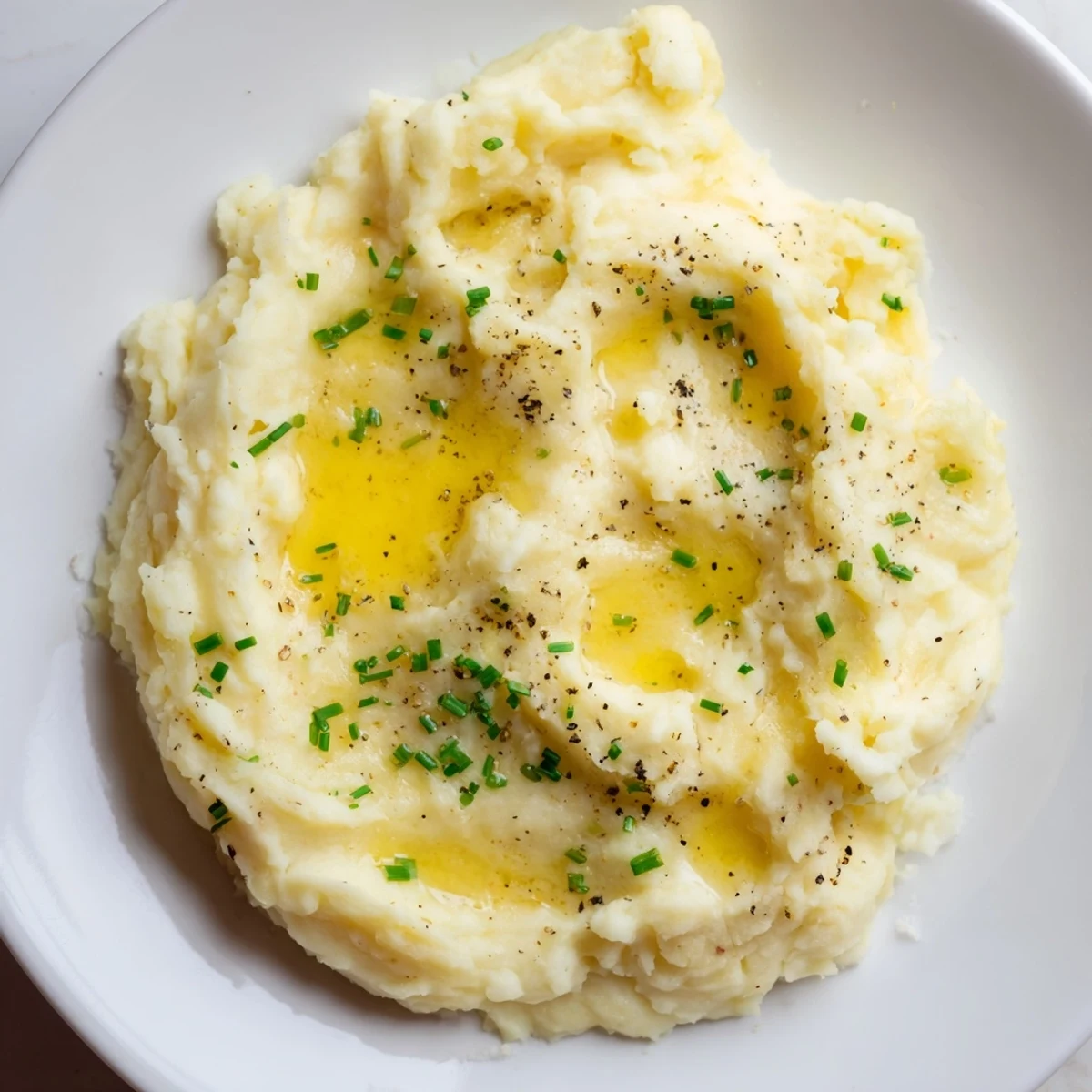 Steaming bowl of creamy mashed potatoes, garnished with fresh chives and a pat of butter on top.