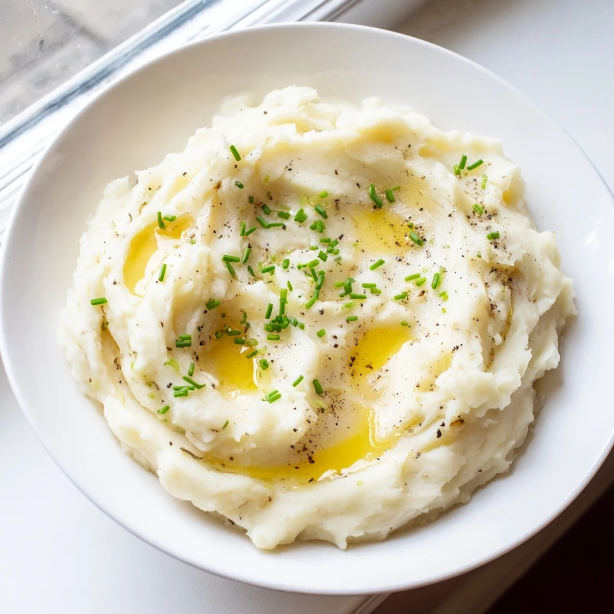 Fluffy, buttery mashed potatoes in a ceramic bowl, perfect for Thanksgiving or family-style American meals.