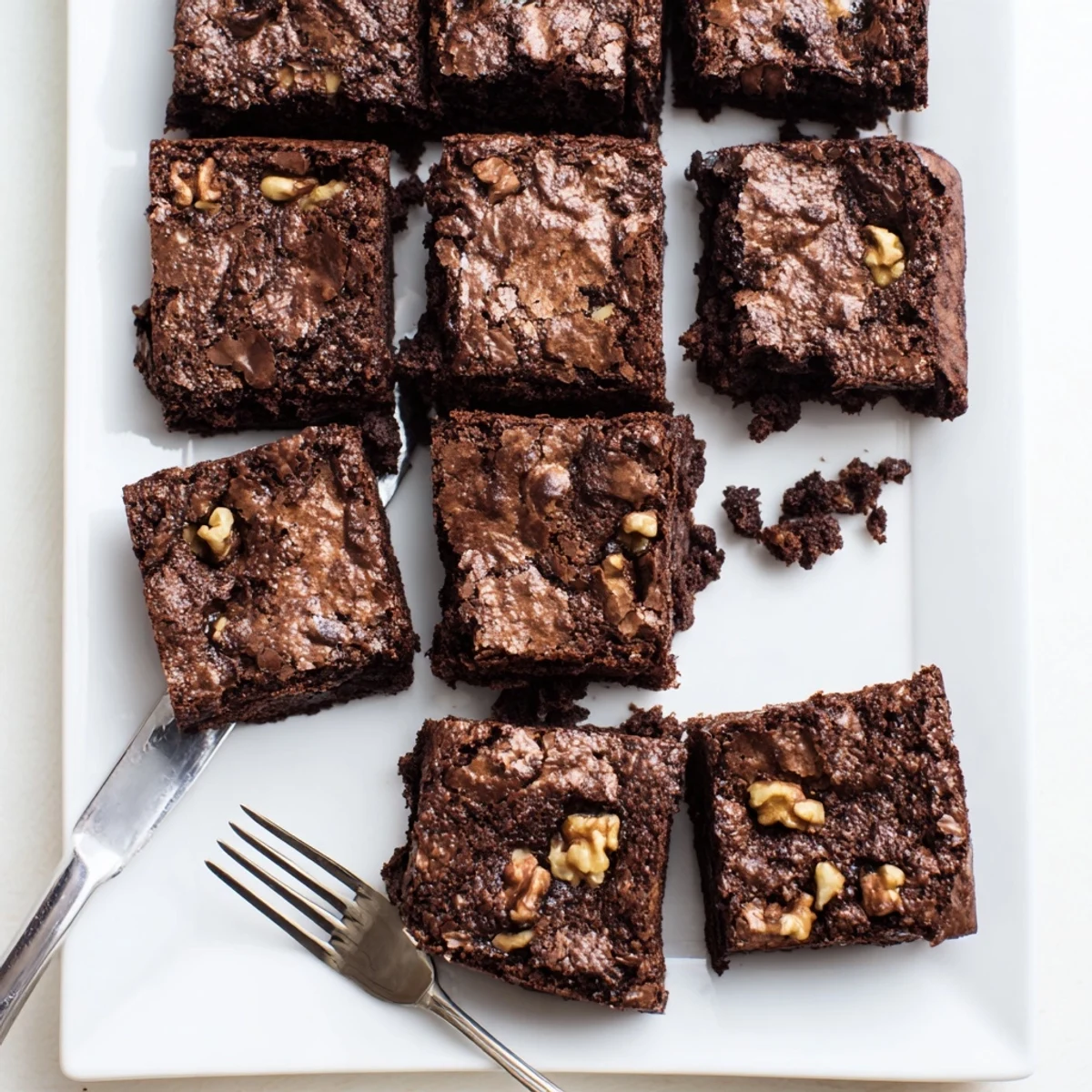Warm homemade Brownies with crackly tops sit on a wire rack beside a glass of milk. 