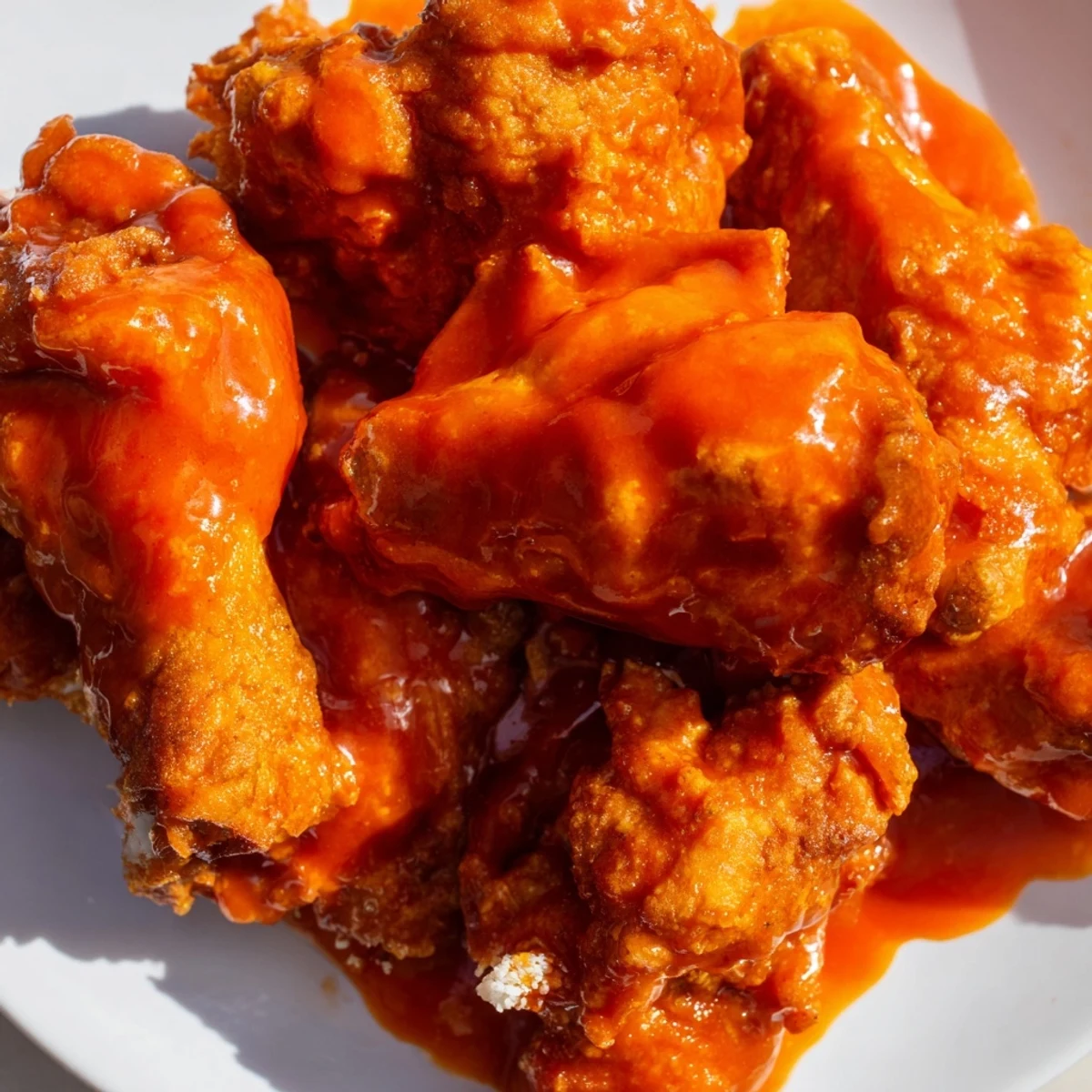 Hot, spicy Buffalo Wings fresh from the fryer, glistening with buttery sauce on a platter.