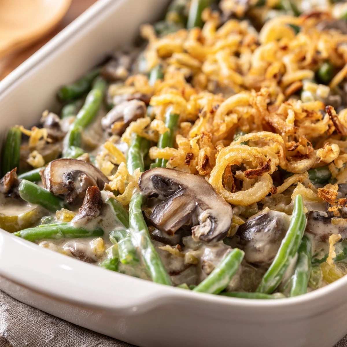 Freshly blanched green beans and sautéed mushrooms coated in a creamy sauce, ready for the oven.