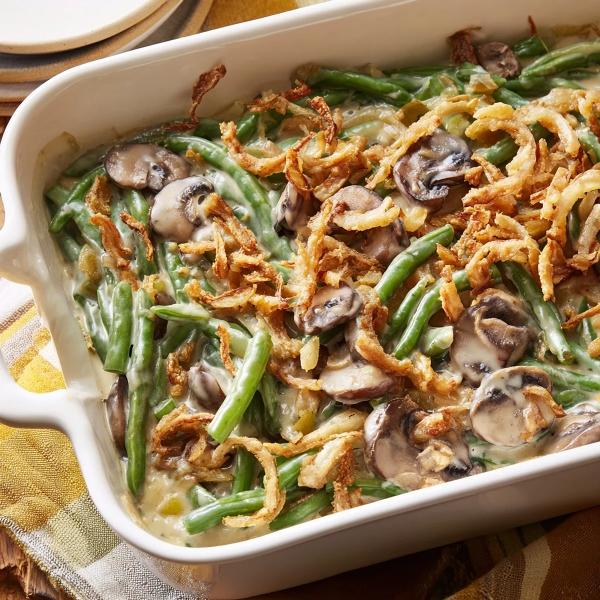 Serving of homemade Green Bean Casserole, a comforting holiday side dish with a crunchy topping.