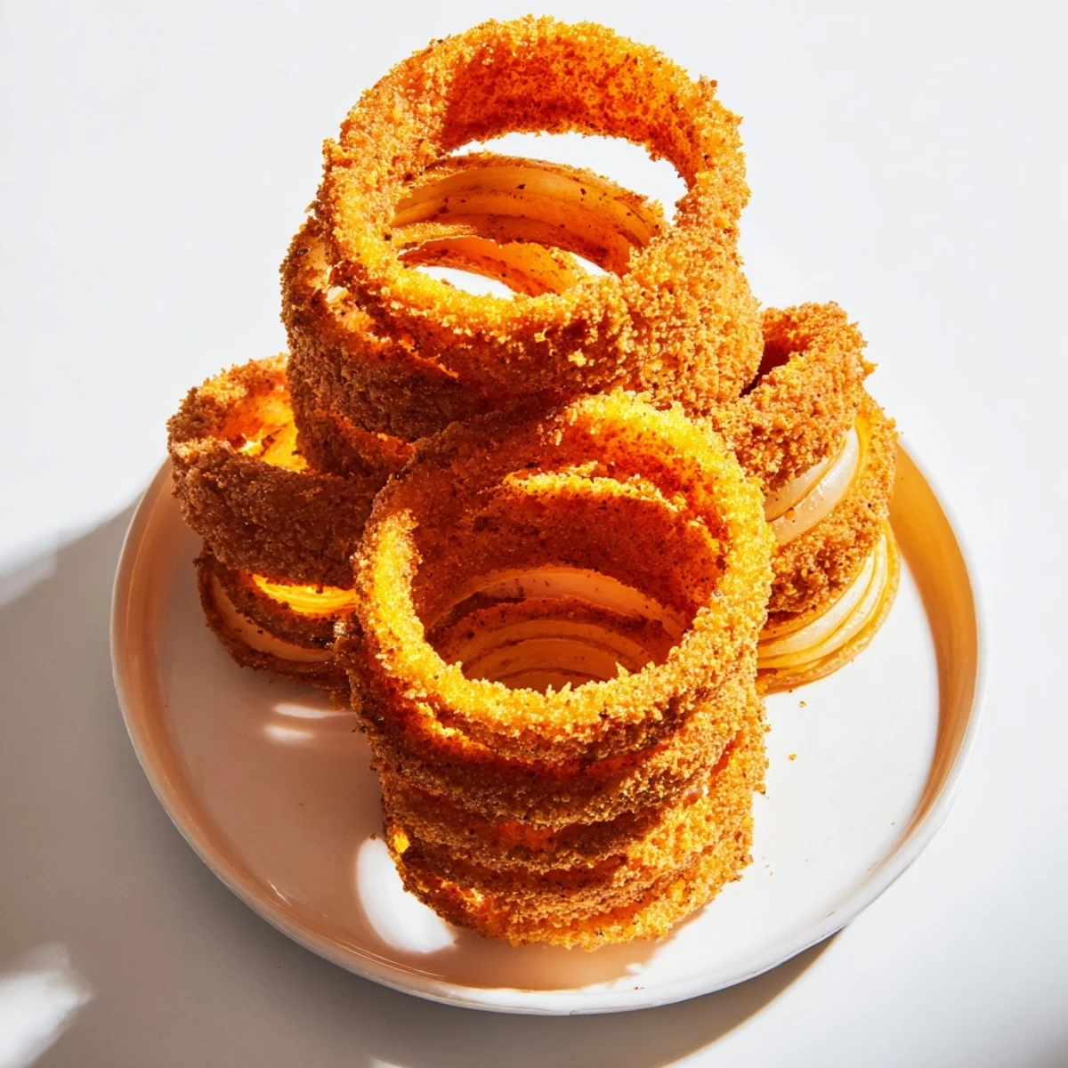 Golden-battered Onion Rings on a plate with ketchup, crispy and crunchy texture.