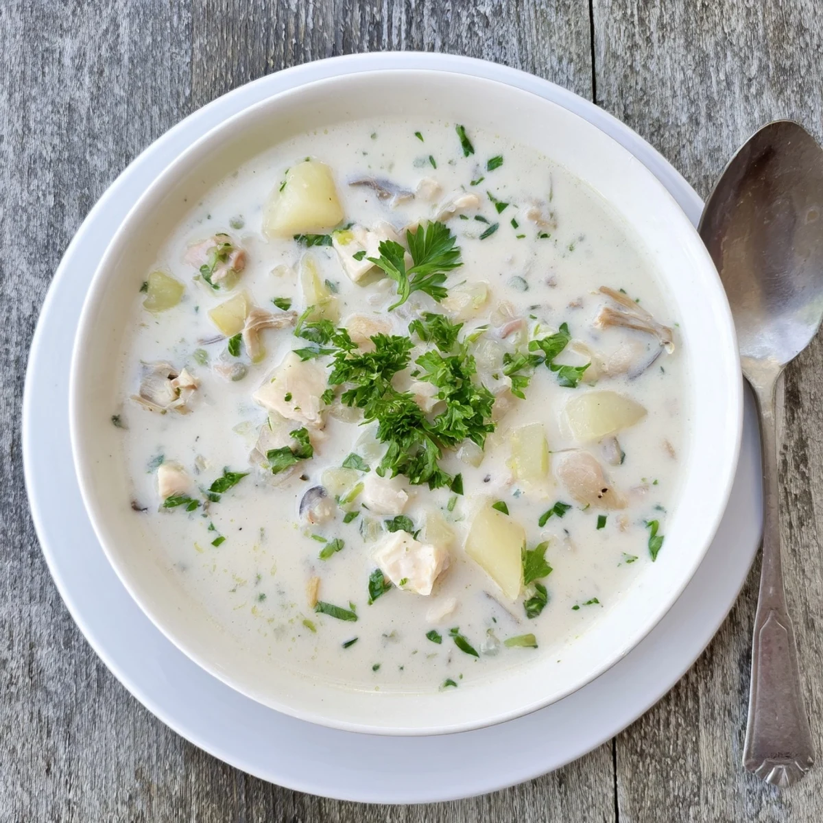 Rich Clam Chowder topped with fresh parsley, accompanied by crusty bread slices, perfect for a comforting chilly day dinner.