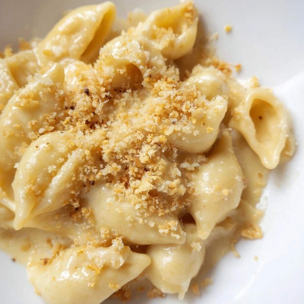 A close-up of creamy macaroni and cheese shows a fork lifting a cheesy bite from a white ceramic dish.