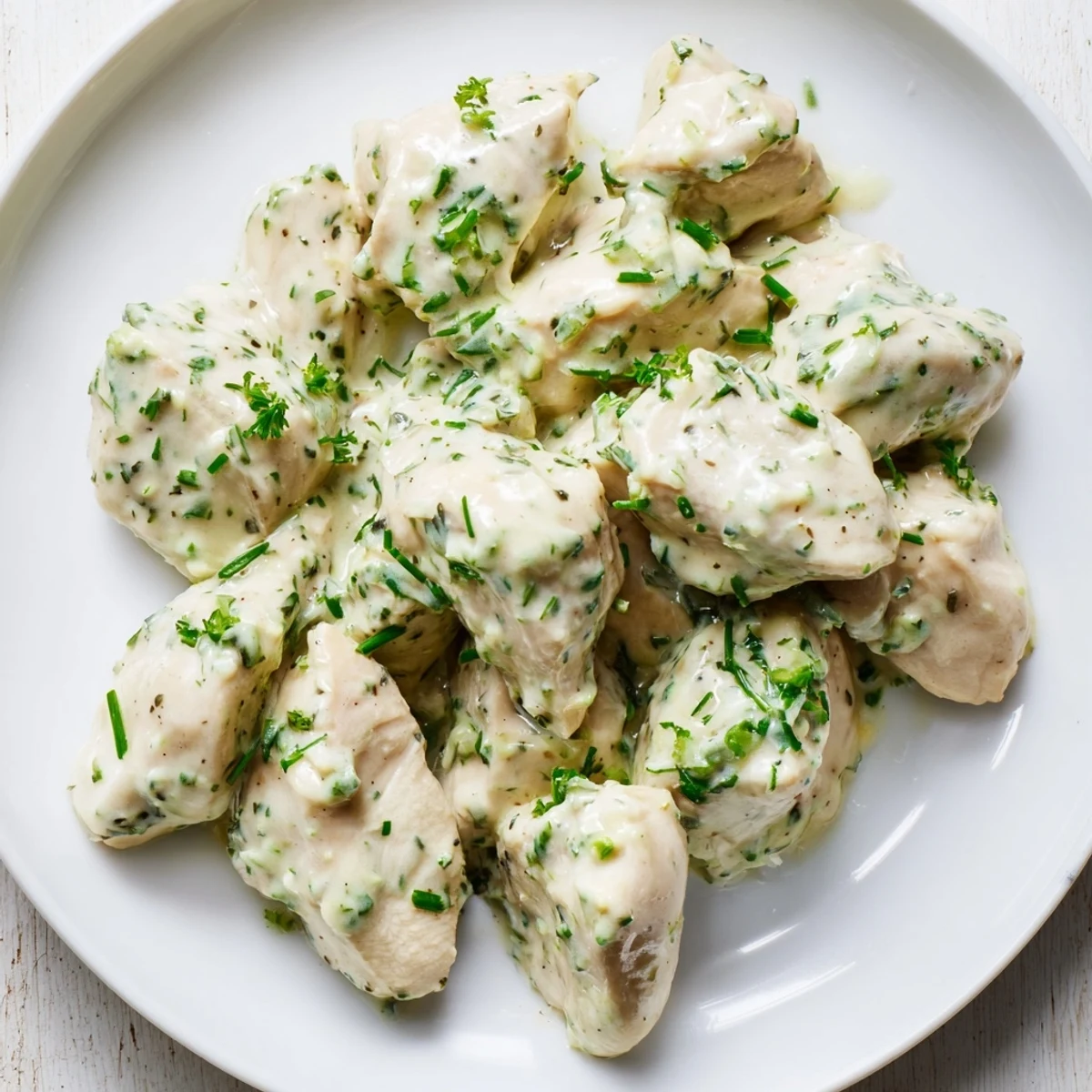Tender chicken chunks coated in creamy Green Goddess dressing, served over crisp mixed greens, tomatoes, and cucumber slices.