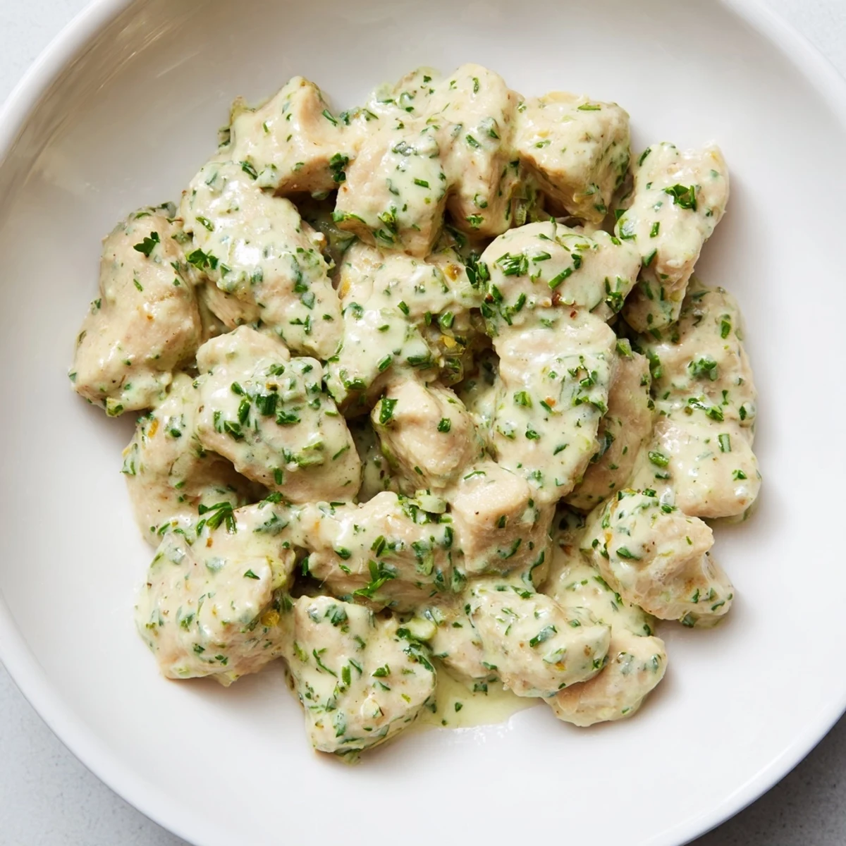 Savory Green Goddess Chicken Salad featuring chilled chicken, creamy dressing, and a colorful plate of veggies for a healthy lunch.
