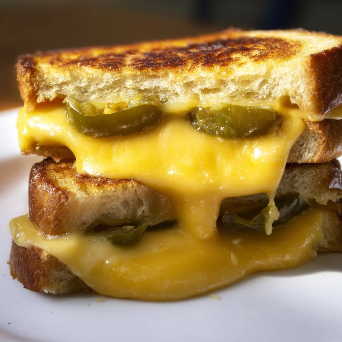 Golden, buttery sourdough slices hold gooey melted cheddar and tangy pickled jalapeños in this easy grilled cheese.