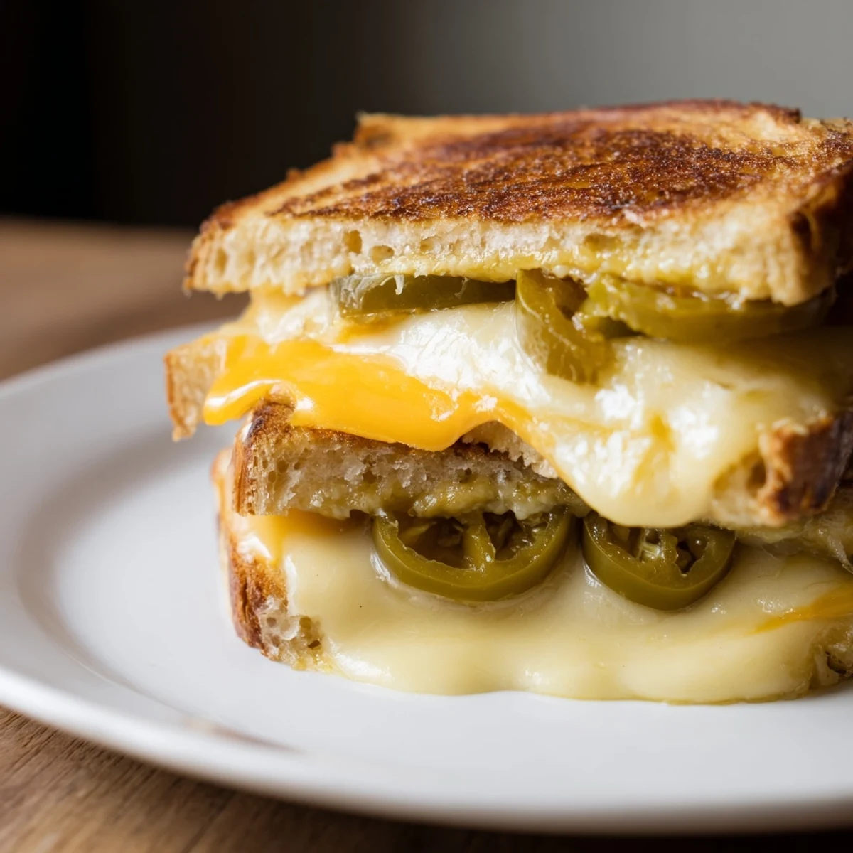 A close-up view shows the crispy, golden-brown crust of a Cheddar Jalapeño Grilled Cheese sandwich.
