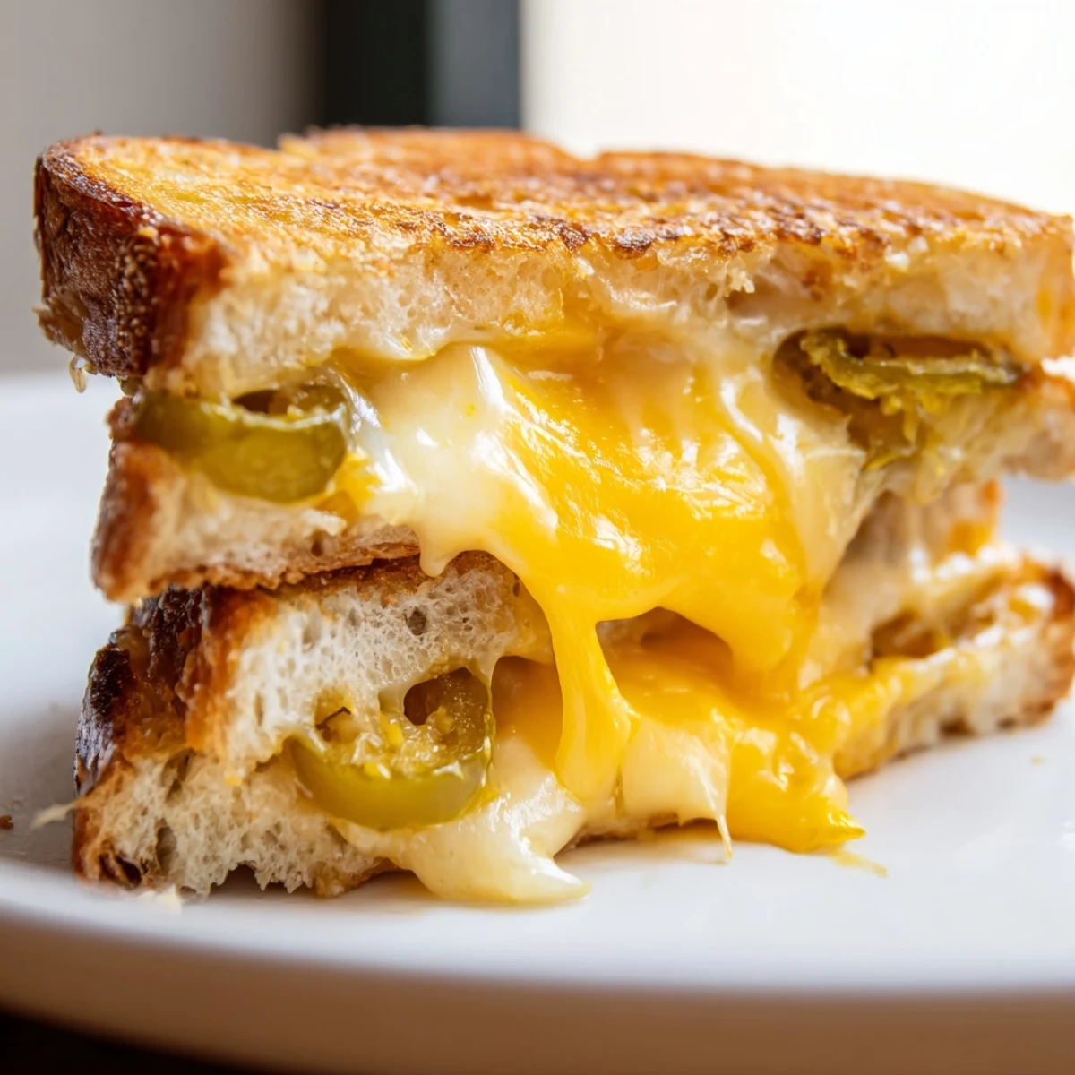 Sliced in half, this spicy Cheddar Jalapeño Grilled Cheese reveals a stretchy, melted cheddar and pickled jalapeño filling.