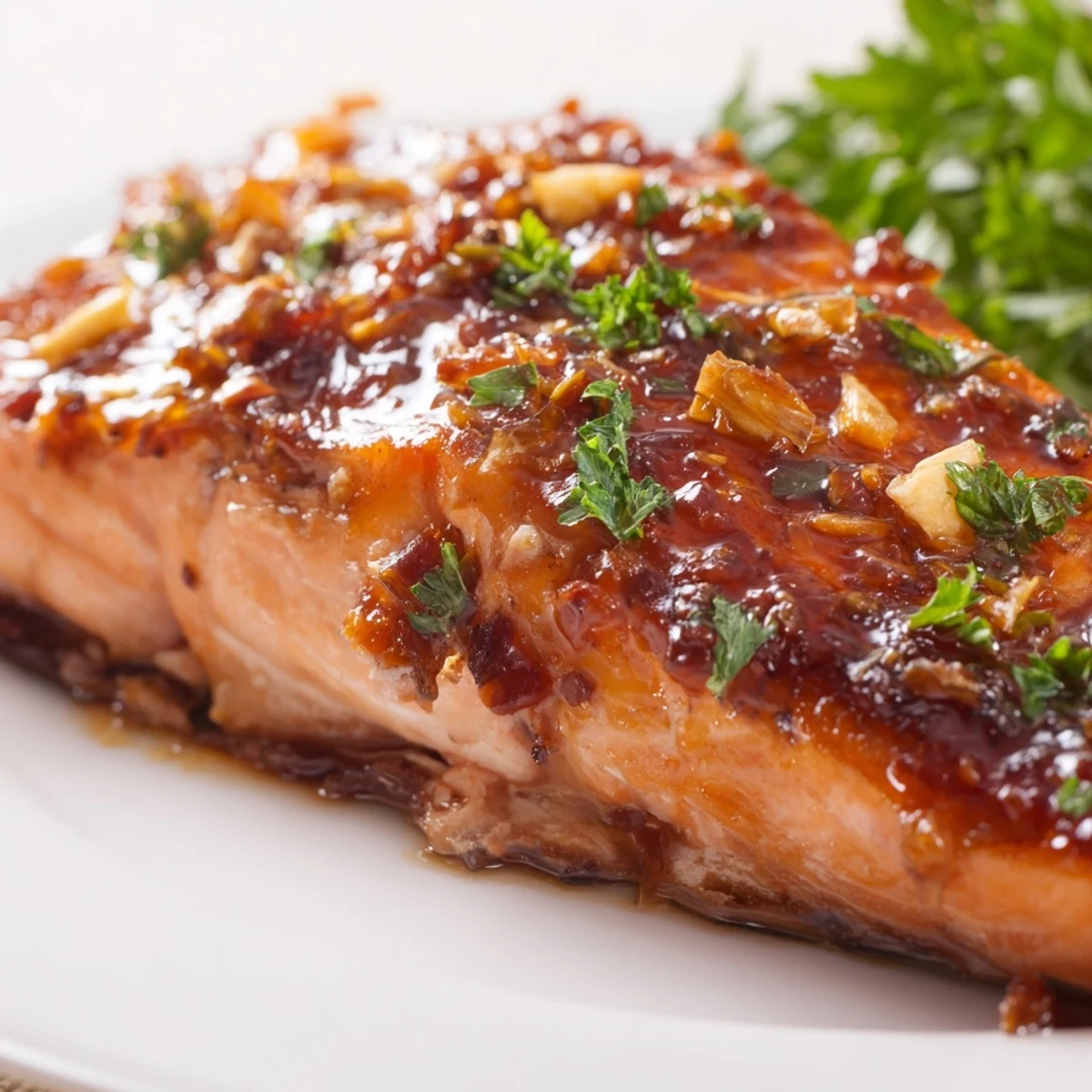 Golden-brown Honey Garlic Glazed Salmon fillets roasted with a sticky, caramelized glaze and fresh parsley garnish.