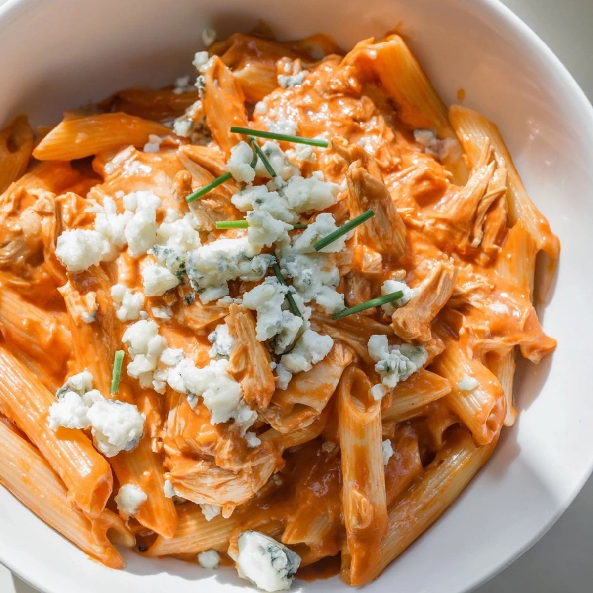 Creamy Buffalo Chicken Pasta with tender shredded chicken and blue cheese crumbles, served hot in a bowl.