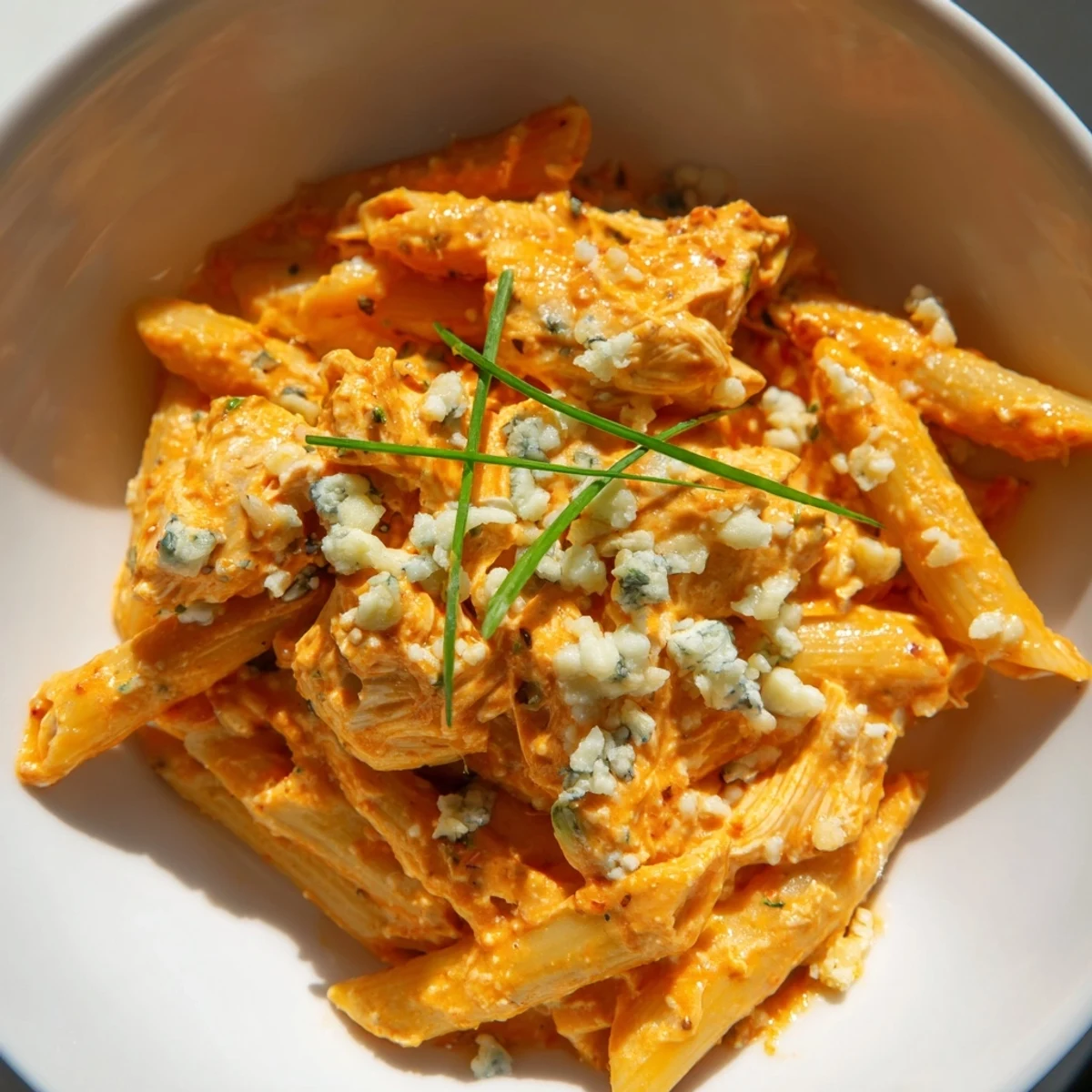 Spicy Buffalo Chicken Pasta featuring penne coated in a zesty buffalo sauce and melted mozzarella.