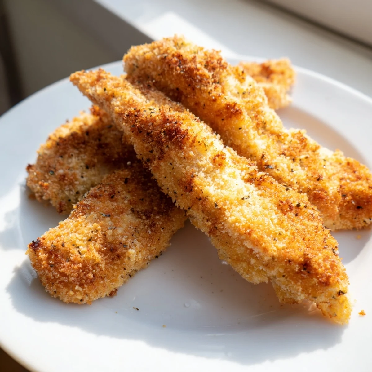 Golden, herbed panko-crusted Crispy Panko Chicken Strips baked on a sheet pan, ready to serve with a side of honey mustard.
