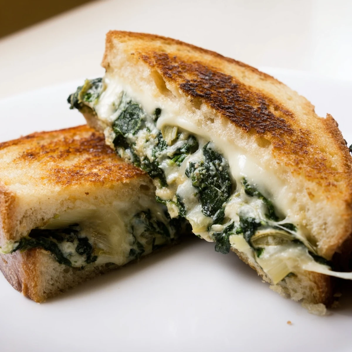 Golden-brown sourdough slices reveal melted mozzarella and a creamy spinach artichoke grilled cheese filling.  
