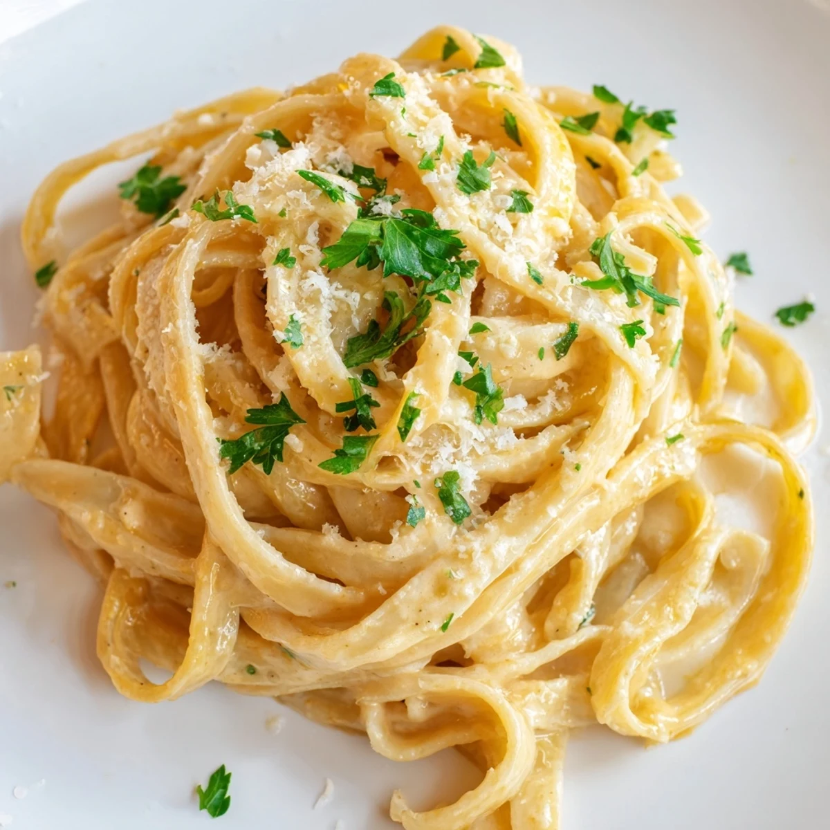 Creamy Sriracha Honey Pasta twirls in a skillet, glossy with spicy-sweet sauce, garlic, and fresh parsley garnish.