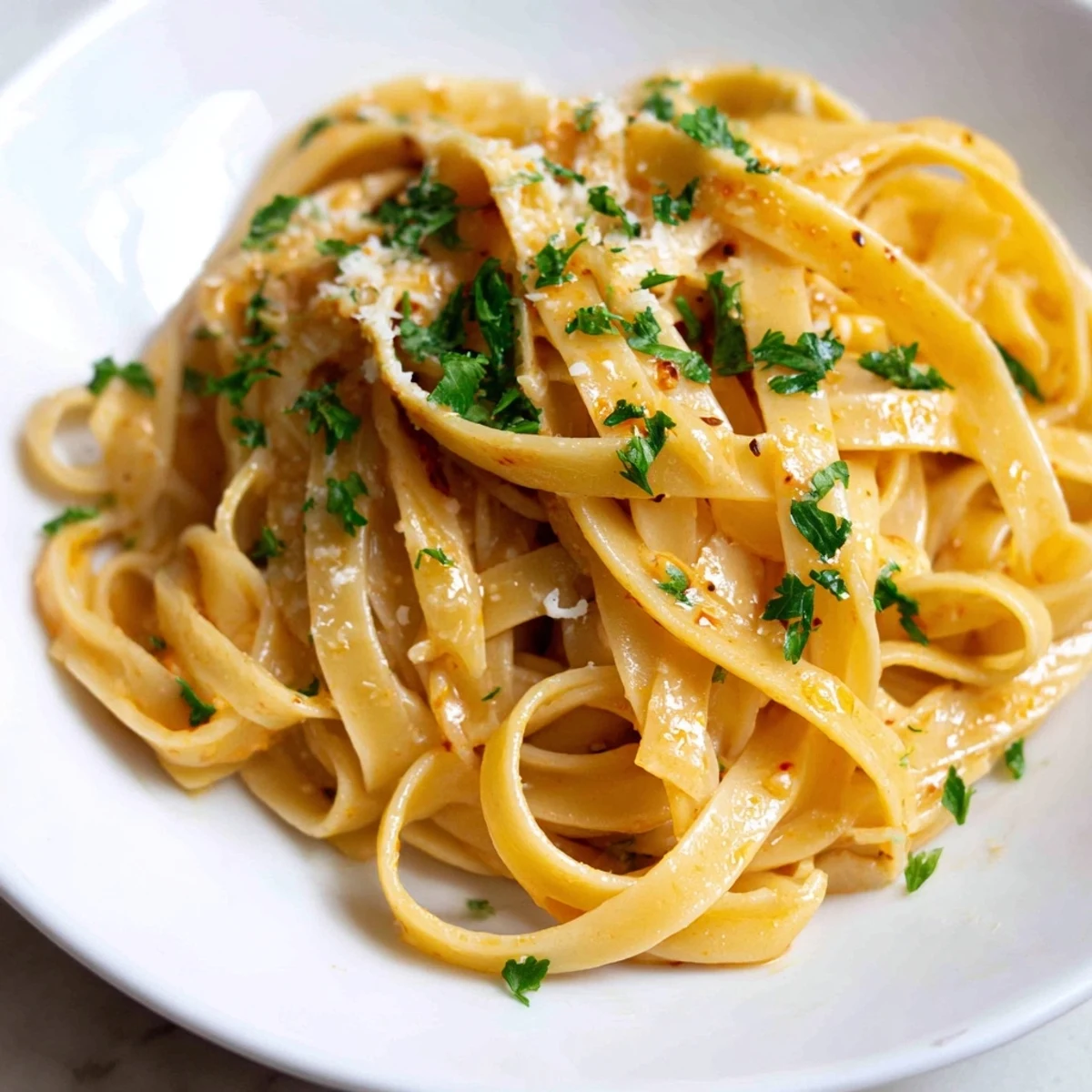 Sriracha Honey Pasta is plated with a forkful, showcasing al dente noodles coated in a luscious garlic butter sauce.