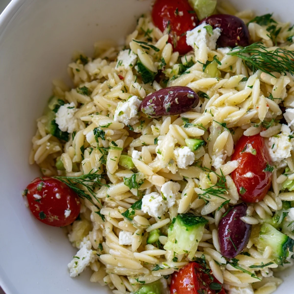Greek Orzo Salad served chilled with juicy tomatoes, crunchy cucumbers, and tangy feta, perfect for picnics.