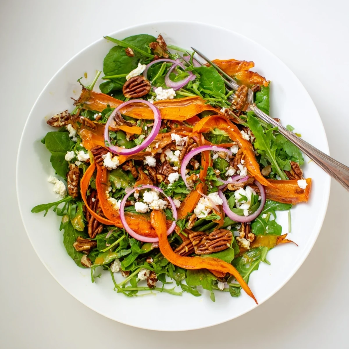 In this Roasted Carrot Ribbon Salad, caramelized carrots and crisp greens are topped with crumbled feta.