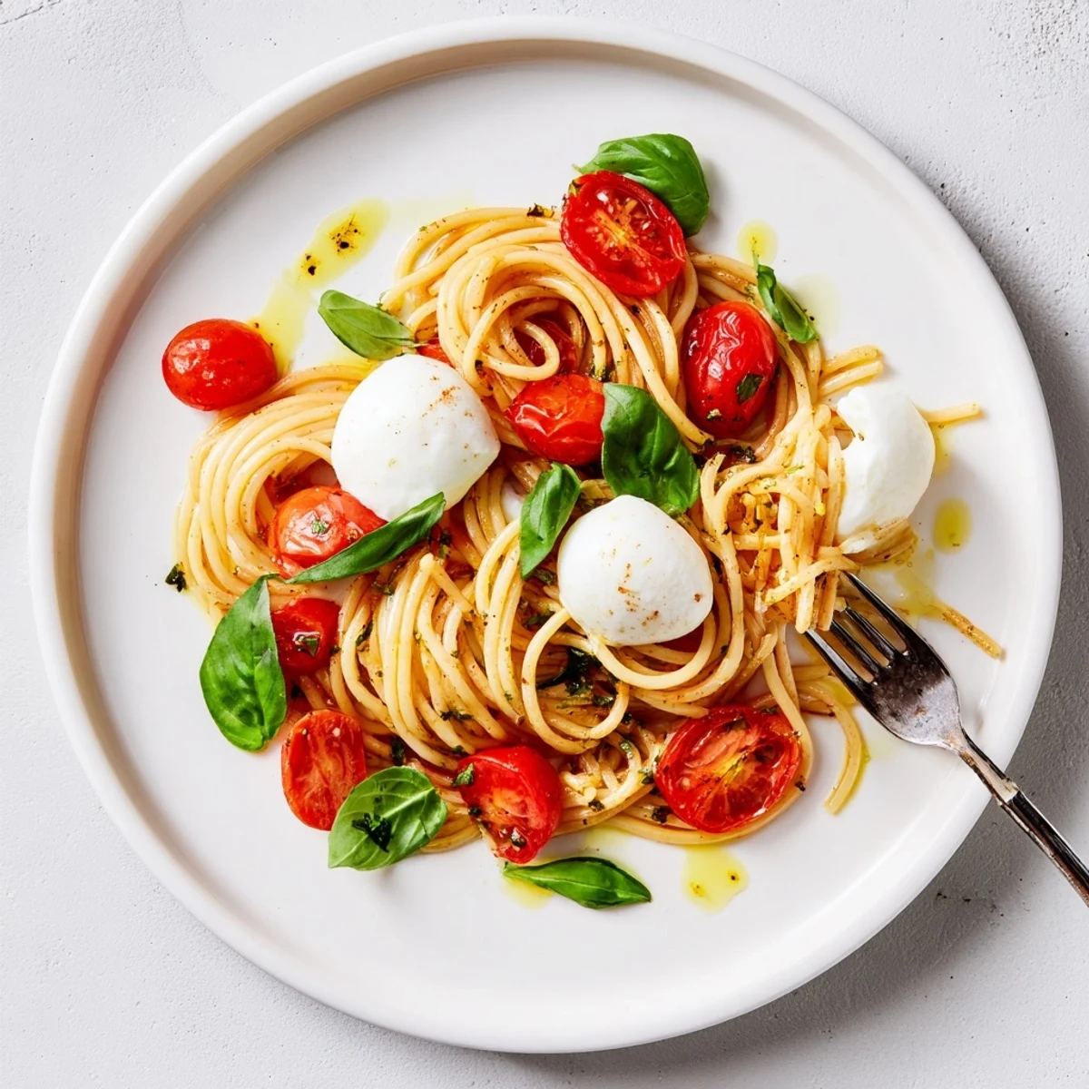 Creamy burrata melts over warm Burrata Caprese Pasta with juicy cherry tomatoes and fragrant fresh basil.  