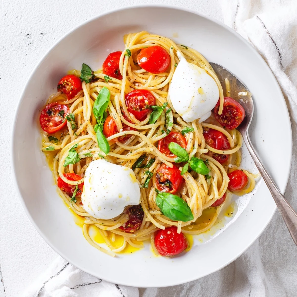 Fresh ingredients for Burrata Caprese Pasta, including halved tomatoes and torn basil, on a rustic surface.