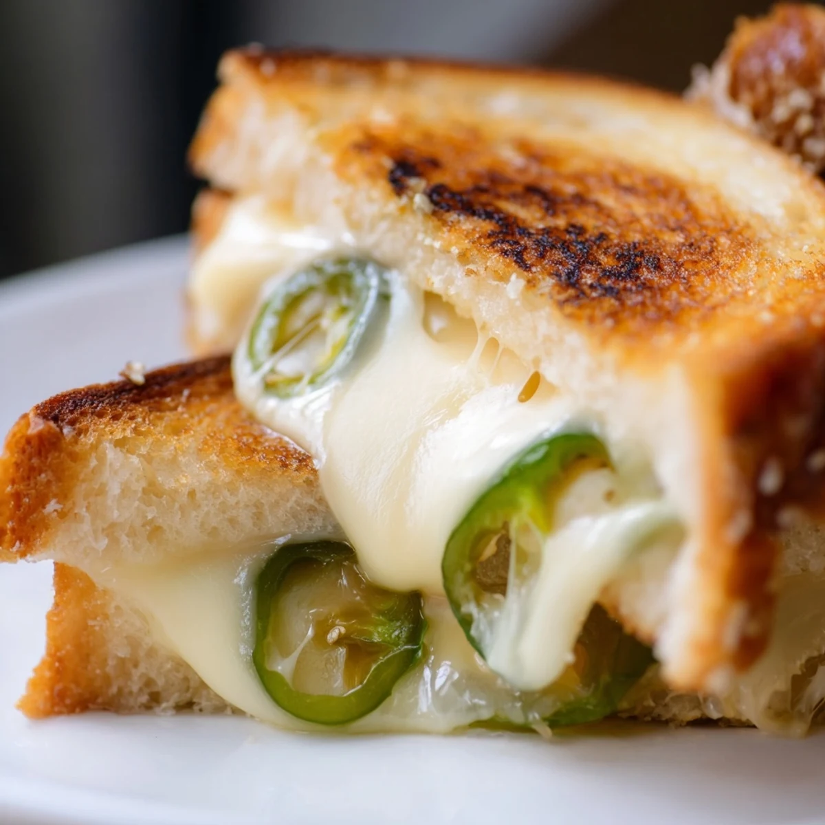 Golden-brown Jalapeño Havarti Grilled Cheese slices rest on a rustic board, showcasing melted cheese and spicy jalapeños.