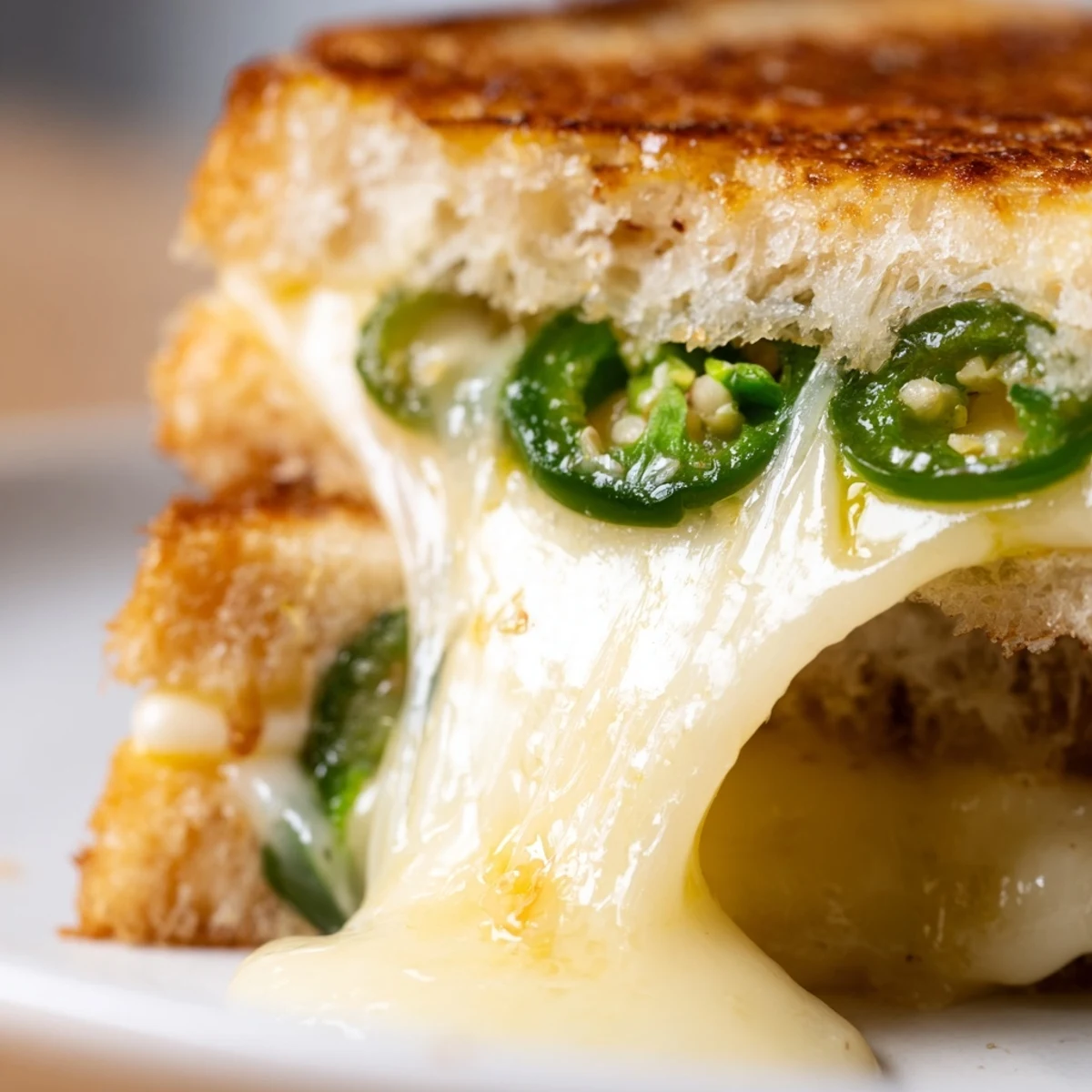 Perfectly melted Jalapeño Havarti Grilled Cheese is paired with a bowl of creamy tomato soup for dipping.