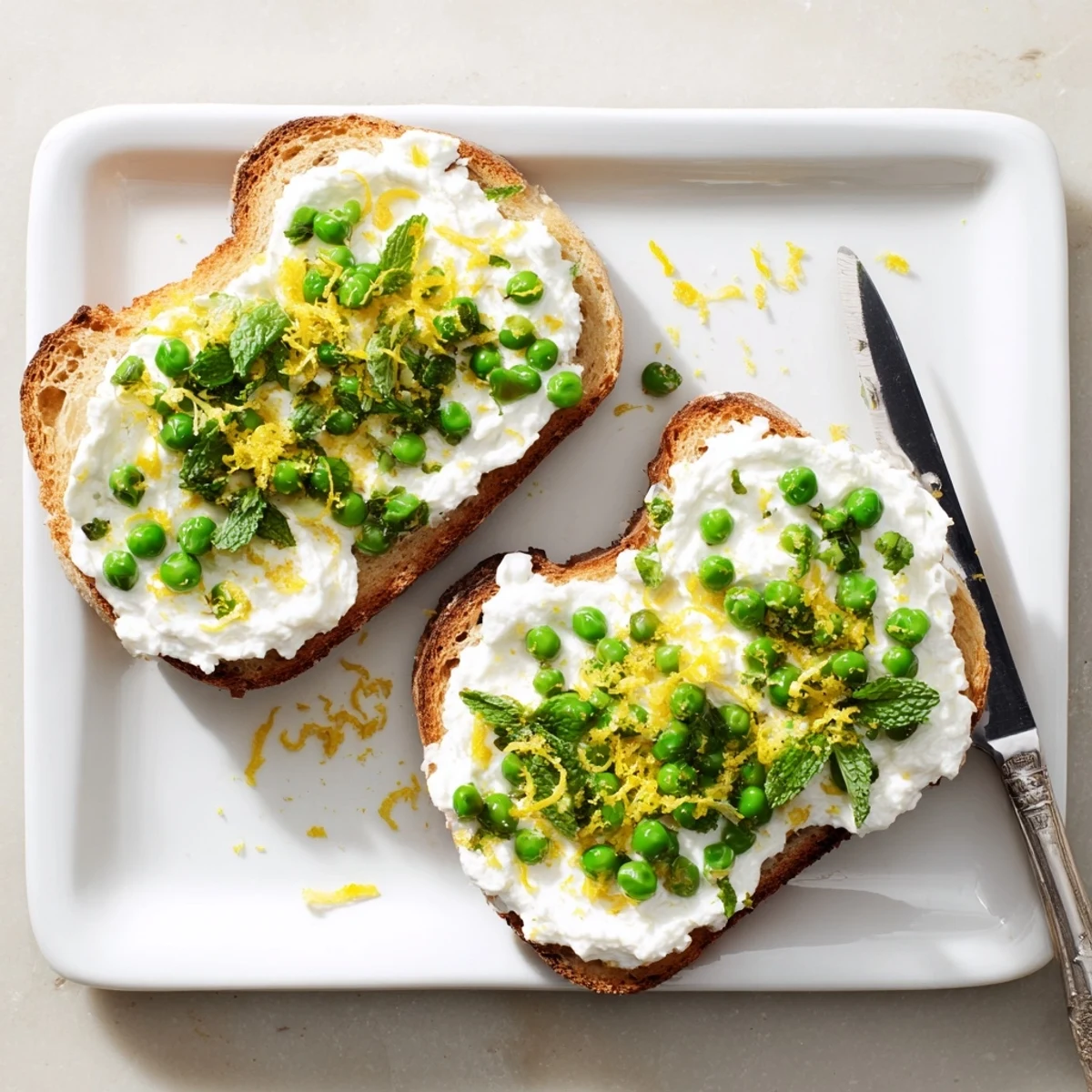 Golden sourdough toast topped with creamy pea and mint ricotta spread, finished with bright lemon zest.  