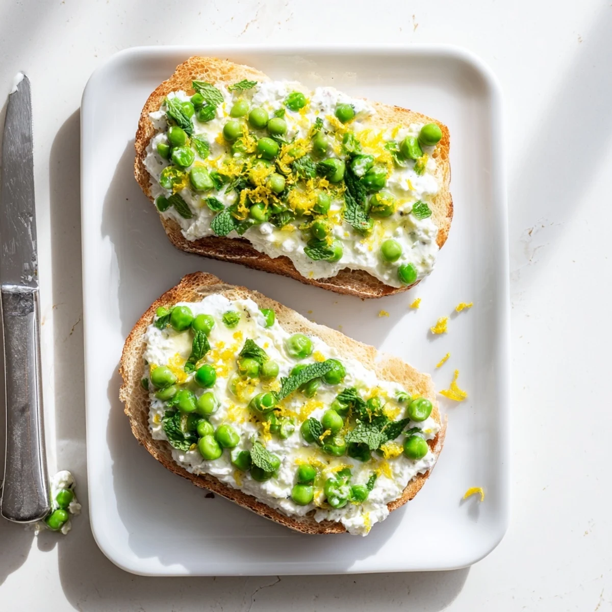 This vibrant pea & mint ricotta toast offers a fresh, savory crunch with a cool minty finish.  
