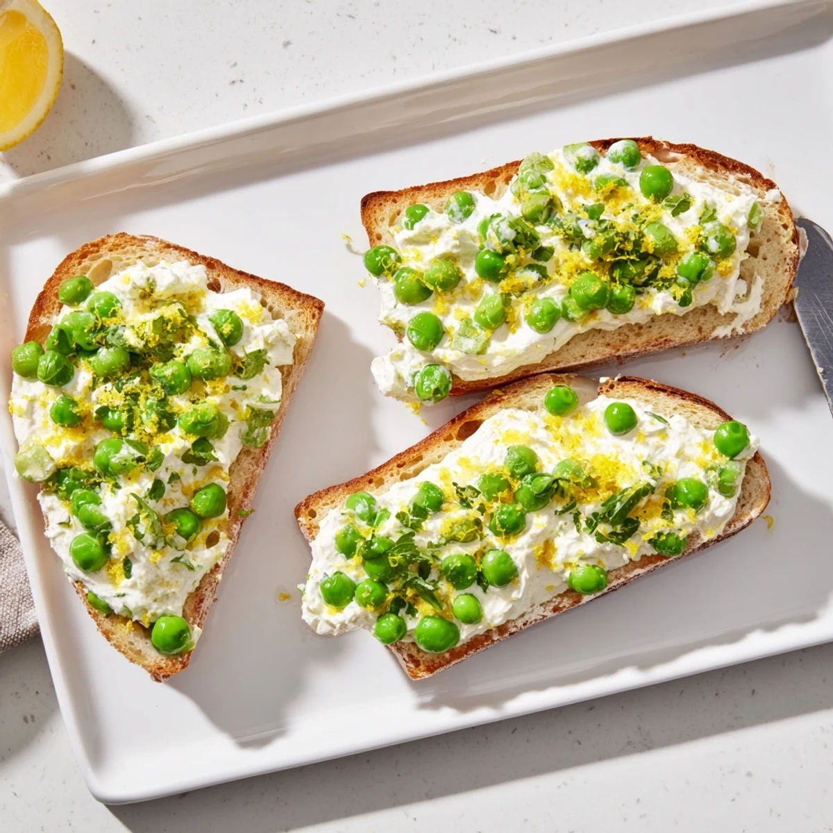 Whipped ricotta with sweet peas and mint on crisp toast, garnished with lemon zest and olive oil.