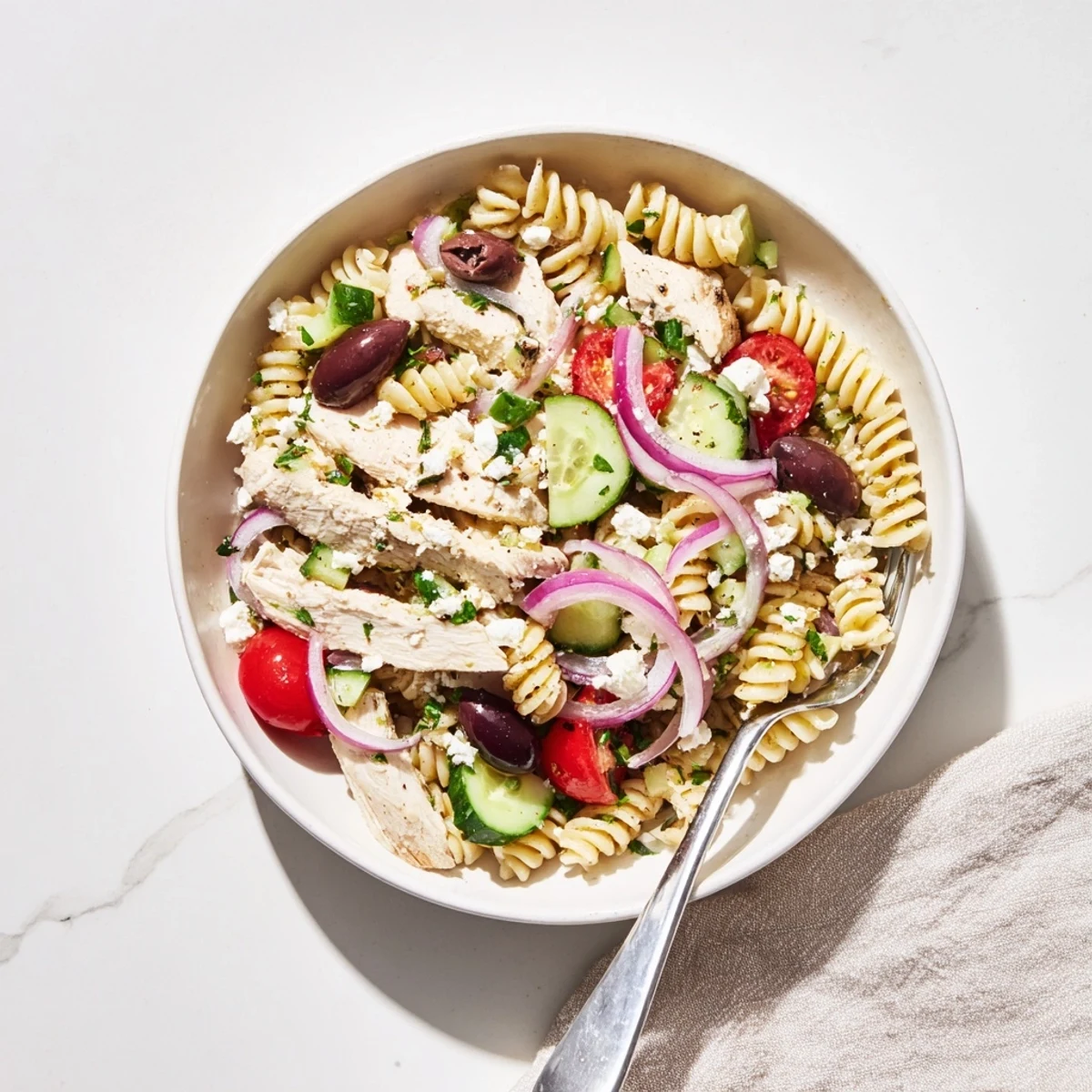A vibrant Greek Chicken Pasta Bowl features juicy lemon chicken, fresh cucumbers, and cherry tomatoes tossed in a bright dressing.