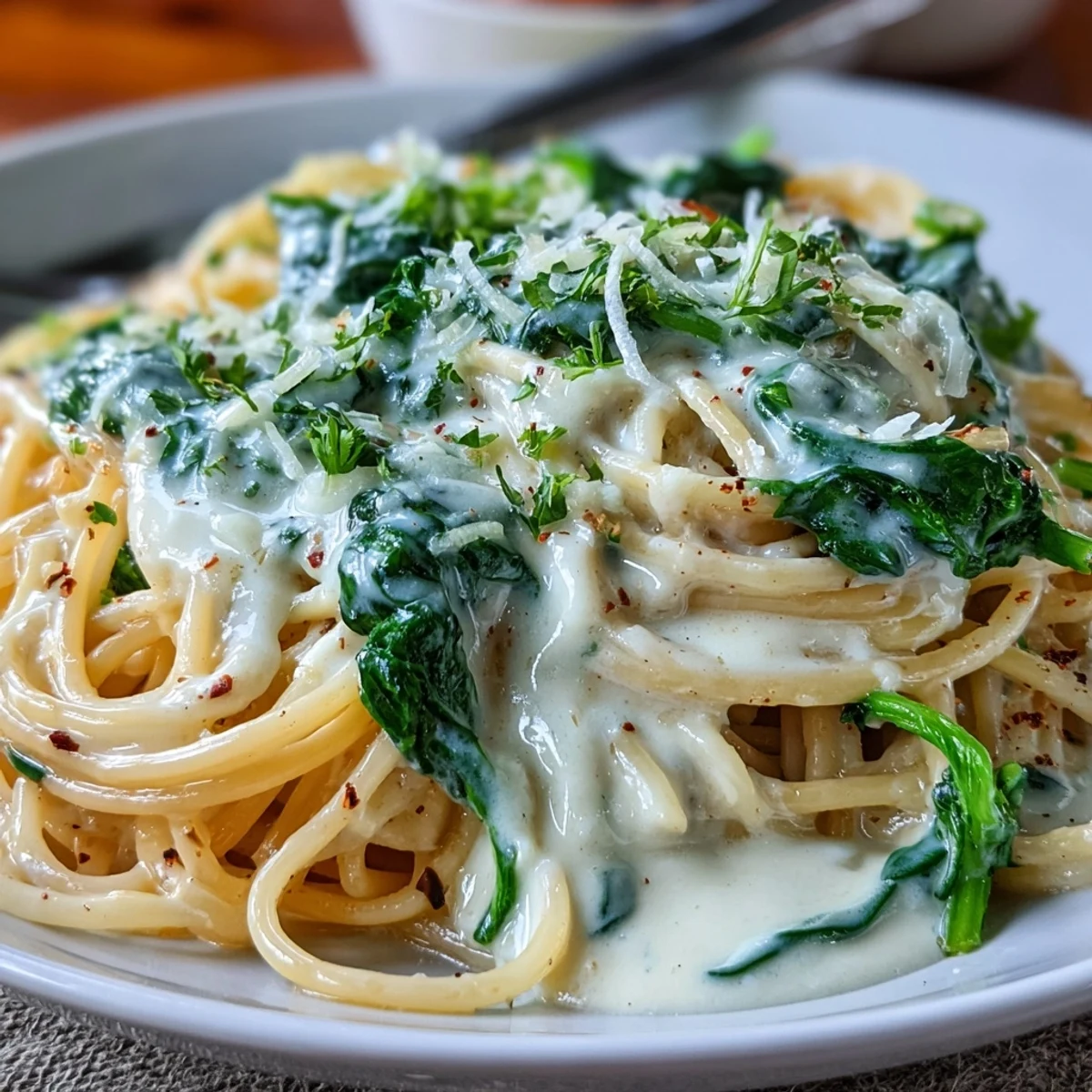 A close-up of creamy lemon spinach spaghetti twirled on a fork with wilted greens and fresh lemon zest garnish.