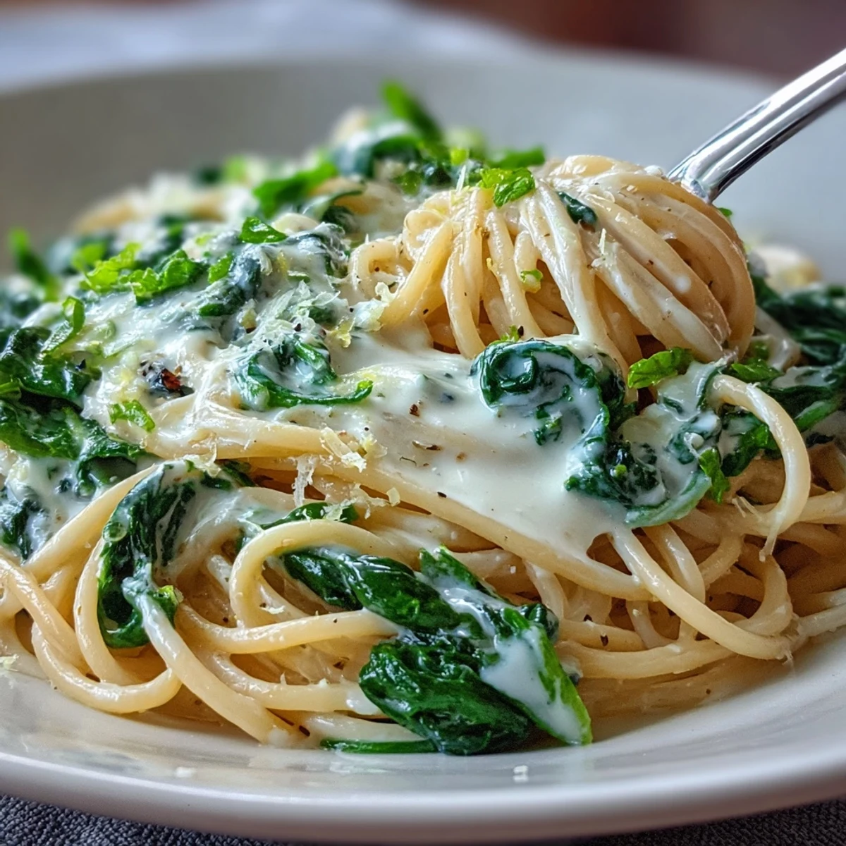 Steaming Creamy Lemon Spinach Spaghetti served in a white bowl, garnished with extra Parmesan and lemon zest.