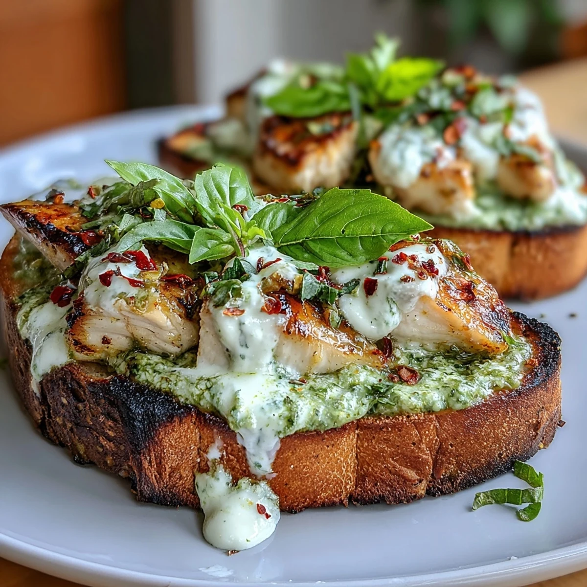 Tangy pesto chicken burrata toast with crusty sourdough and creamy burrata.