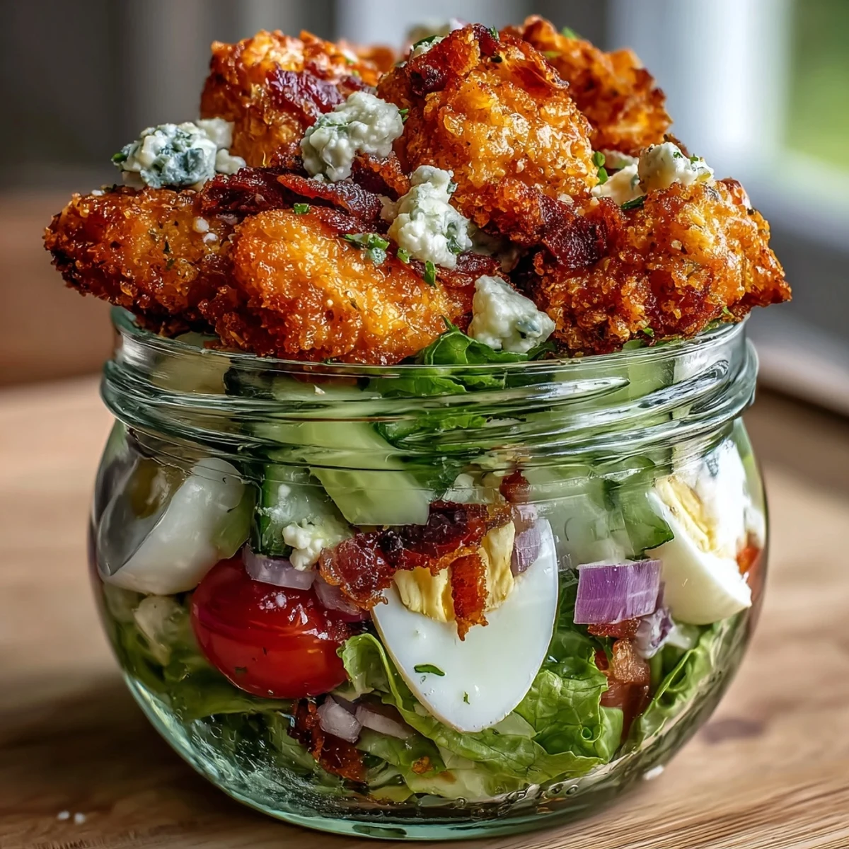 Colorful layers of crispy chicken Cobb jar salad, perfect for portable lunches.